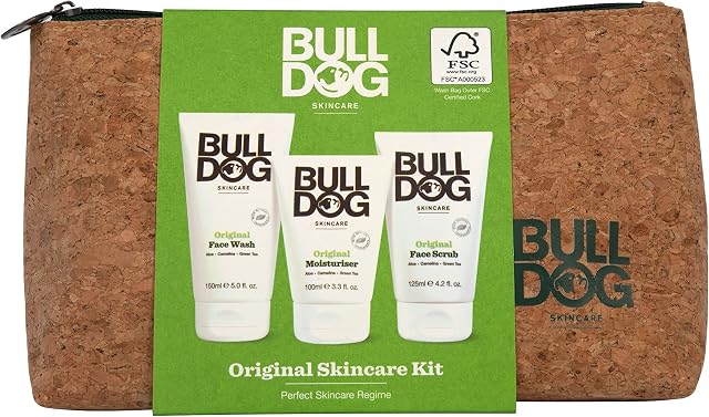 Bulldog Skincare - Original Skincare Kit, Gift Set for Men (x1 Original Moisturiser 100 ml, x1 Original Face Wash 150 ml, x1 Original Face Scrub 125 ml, x1 Cork Wash Bag)