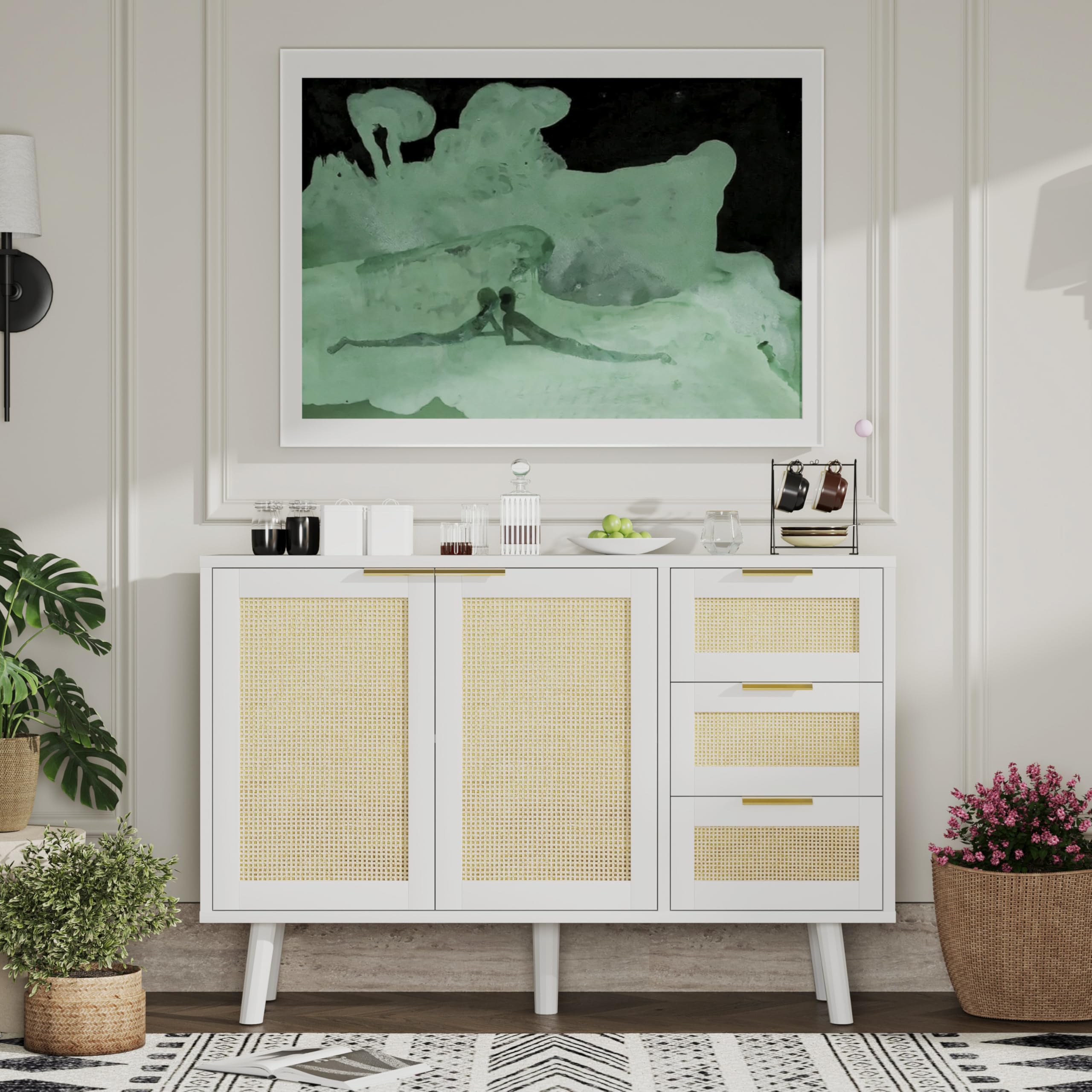 Gyger Rattan Kitchen Buffet Cabinet with 2 Doors 3 Shelves, Sideboard with Storage, Accent Cabinet for Kitchen, Dining Room, Hallway, Cupboard Console