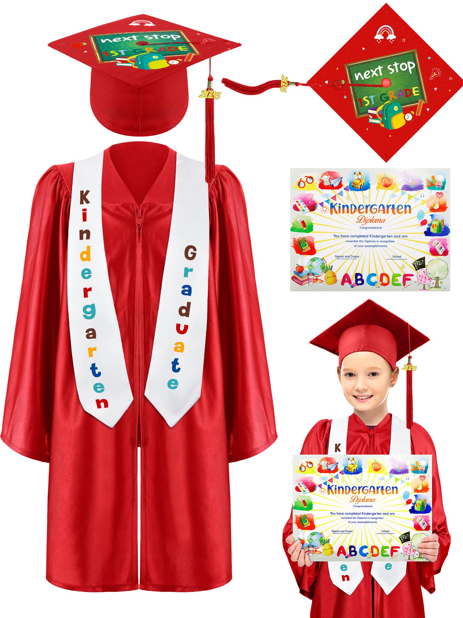 Photo 1 of 5 Pcs Kindergarten Graduation Cap and Gown Stoles Certificate Kids Graduation Custom with 2026 Tassel Set for Preschool Kids(Size 30,Red)