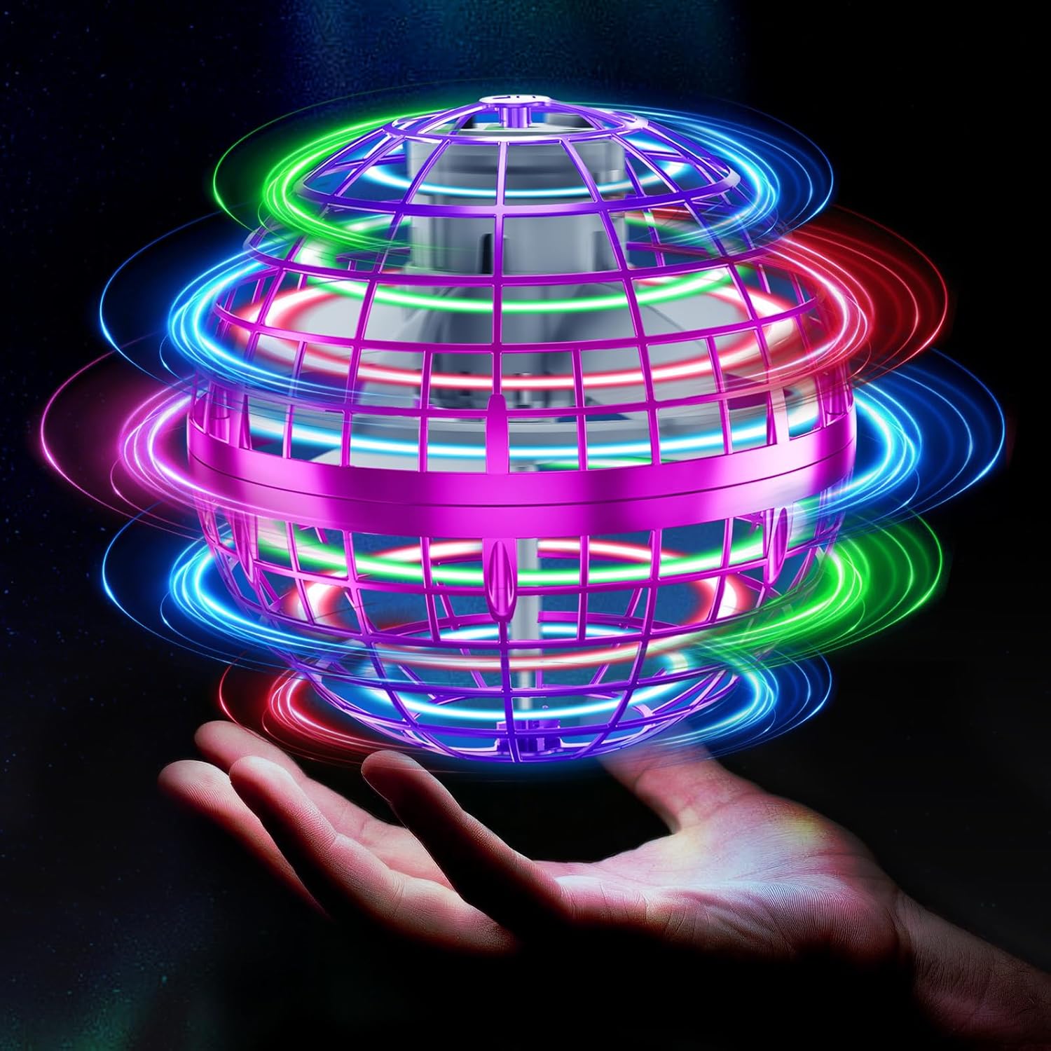 Tikduck Flying Orb Ball hovering above a hand, illuminated with colorful LED lights.