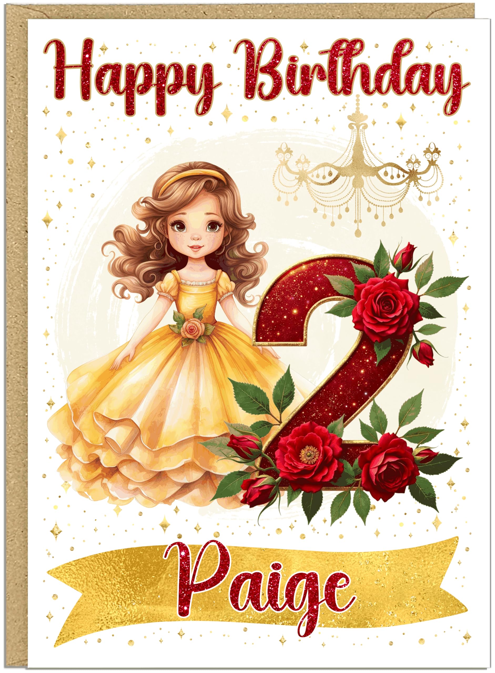 Personalised Age Happy Birthday Princess Card | Custom Child's Name Cards | Red Roses Yellow Princess Dress Design For Little Girls | Daughter Granddaughter Sister Friend Cards (Age 2)