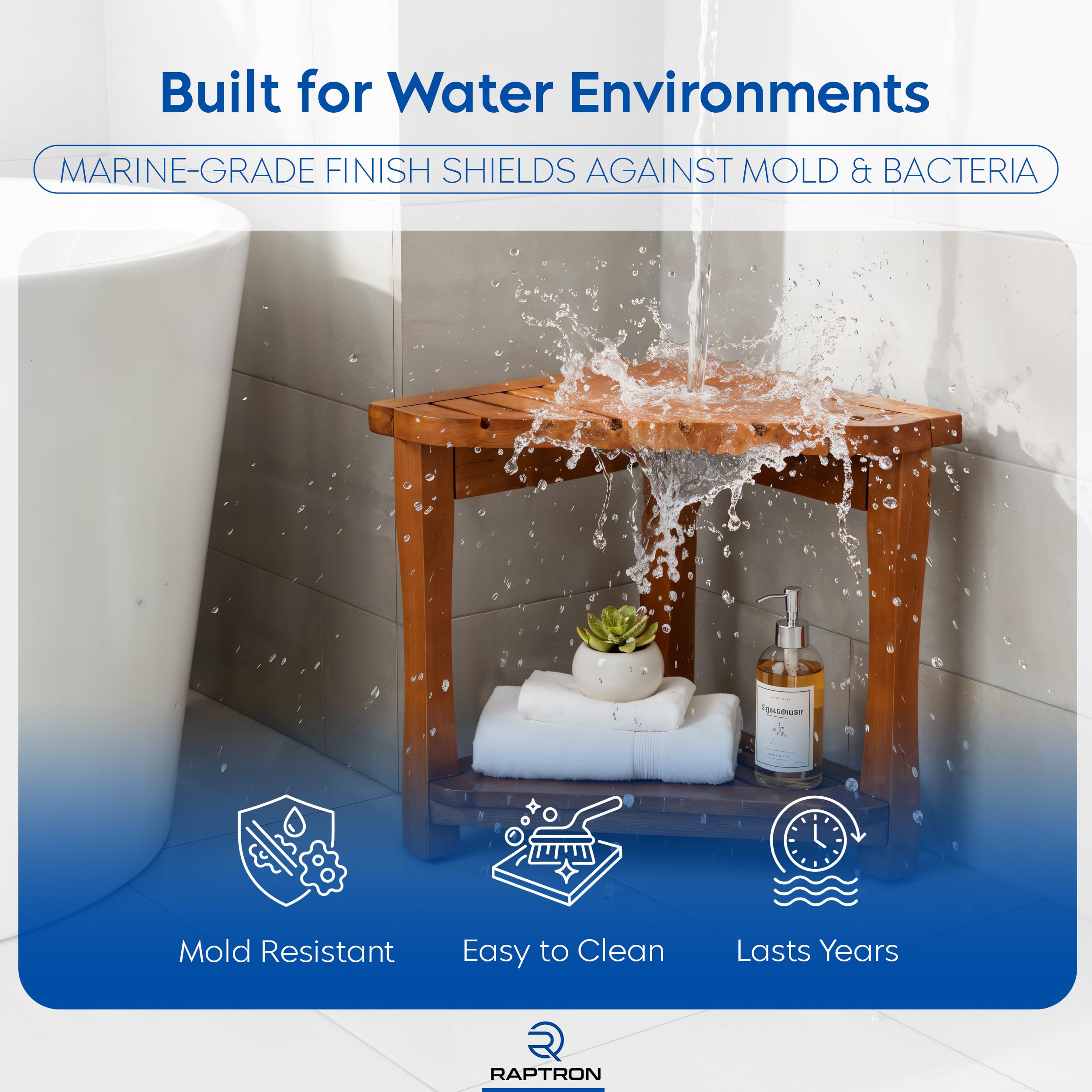 Banco de ducha de teca para ducha interior, taburete de ducha de madera maciza de teca 100% grado A, asiento de baño de madera impermeable con estante de almacenamiento, silla de spa antideslizante
