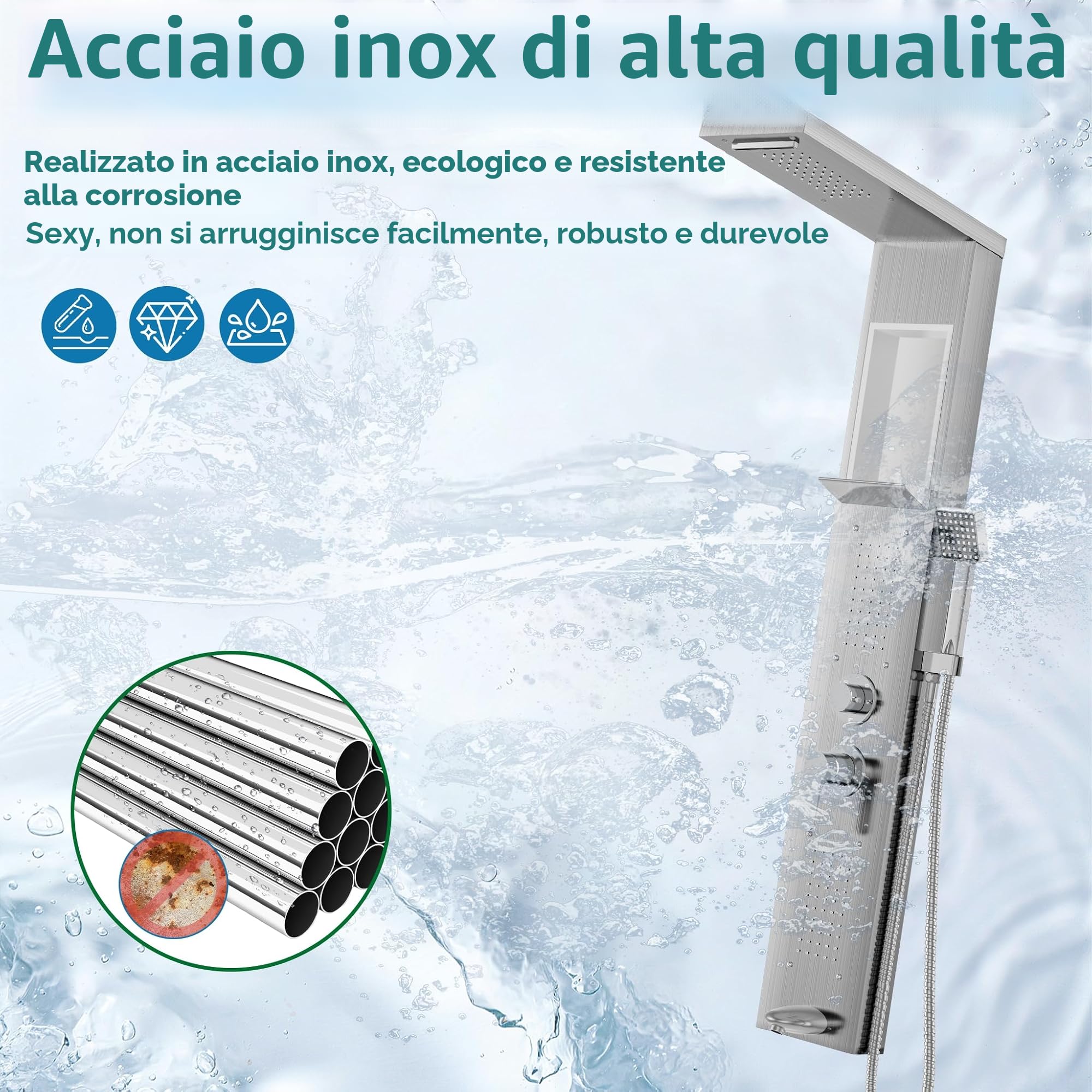 Aufun - Kit di finitura per vasca e doccia in acciaio inox con ripiano e rubinetto, 5 funzioni colonna doccia pioggia e nebbia, 4 ugelli massaggianti a larghezza regolabile, doccetta e ingresso a