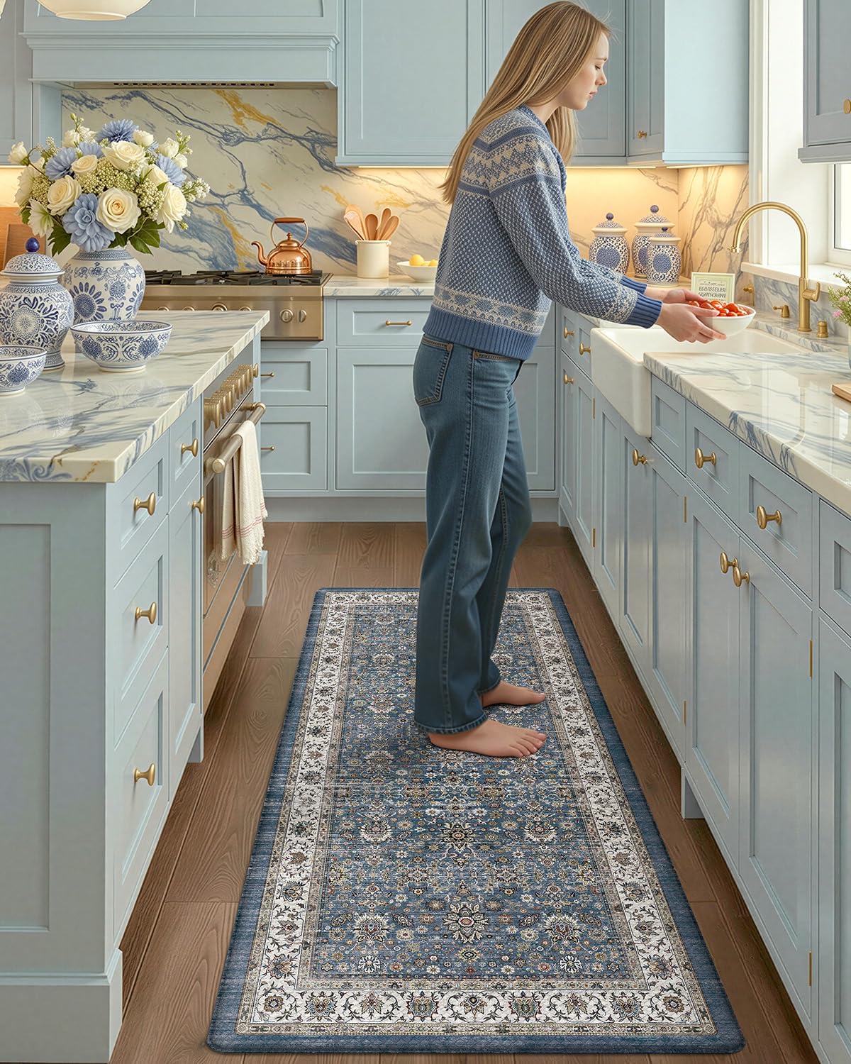 Color&Geometry Anti Fatigue Kitchen Mats for Floor 24x59, Vintage Decor, Easy Clean, Waterproof & Oil Proof, 0.4" Thick Cushioned, Non-Slip Kitchen Runner Rug for Sink, Laundry, Office, Blue