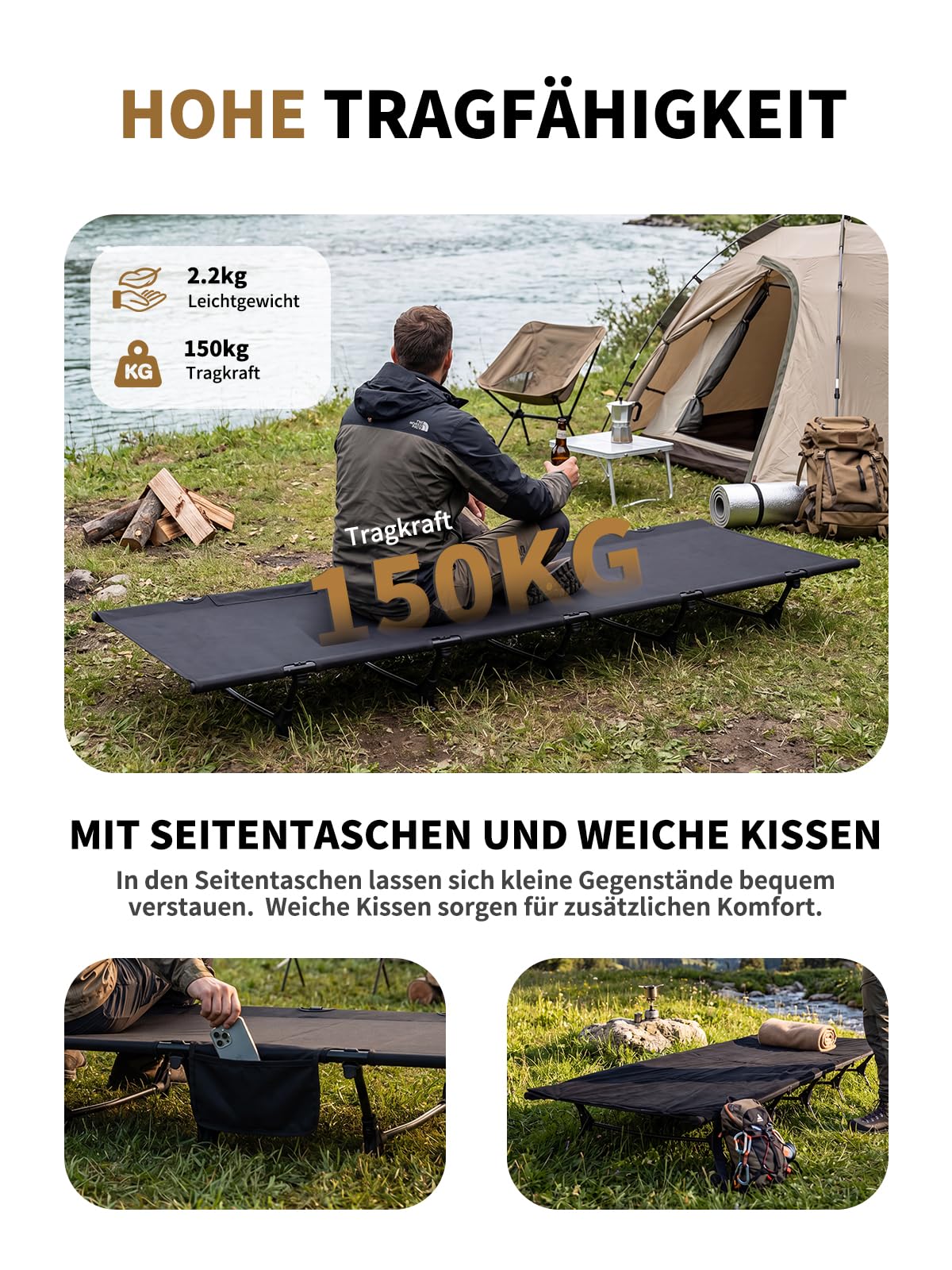 Feldbett Klappbar, Campingbett Ultraleichtes bis 150 kg Belastbar, Tragbar Campingbett Faltbar Feldbett mit Matratze Gästebett Klappbar mit Tragetasche & Seitentasche für Outdoor Camp Garten