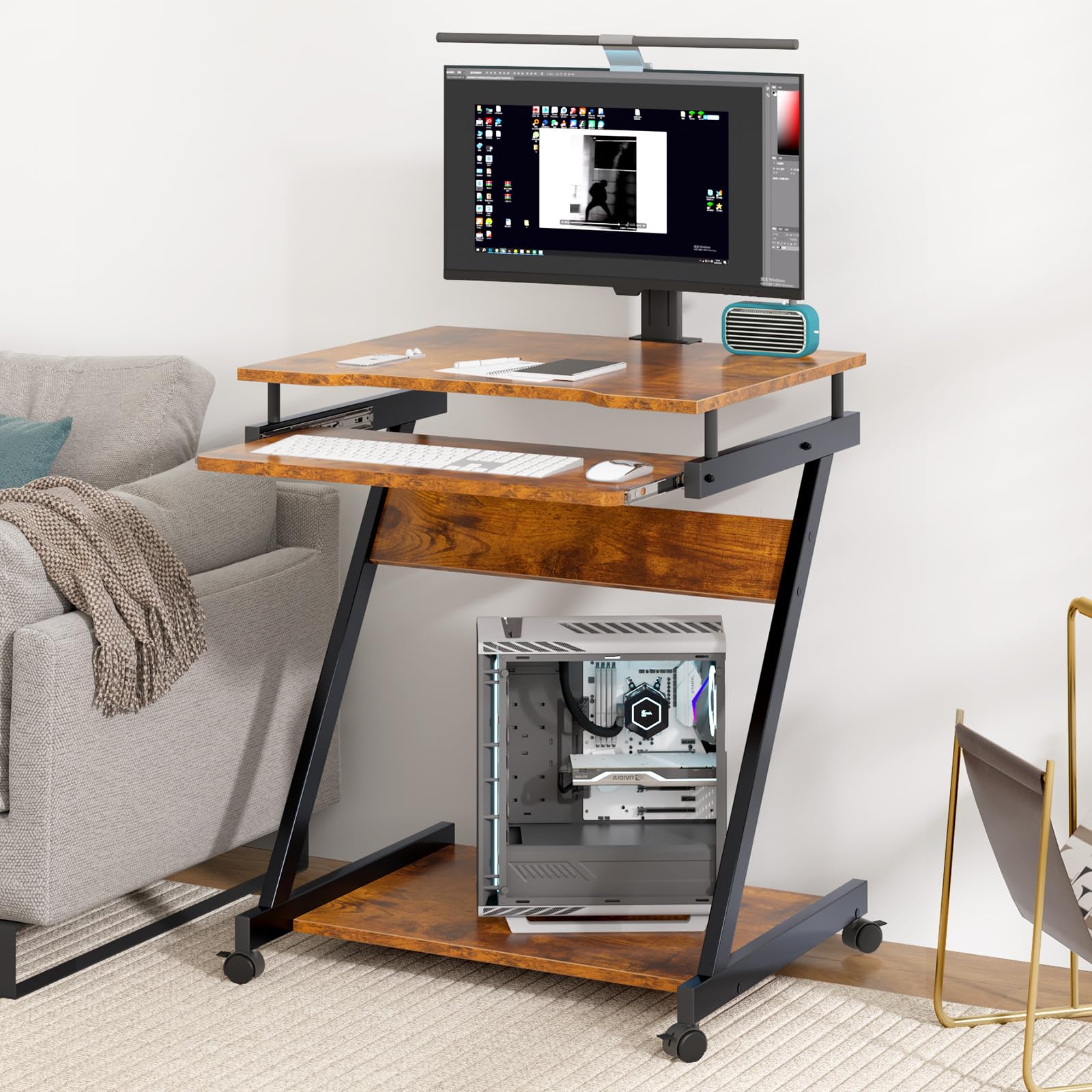 SogesHome Schreibtisch Klein Computertisch mit 4 Rollen 2 Davon mit Bremsen PC-Tisch in Z-Form mit Tastaturauszug für Zuhause und Büro, 60 x 48 cm