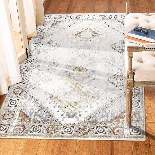 Miniatura 5 de COMSLE Alfombra de lana sintética de 4 x 6 pies para cocina, alfombra persa lavable, antideslizante, envejecida, alfombra de piso suave para