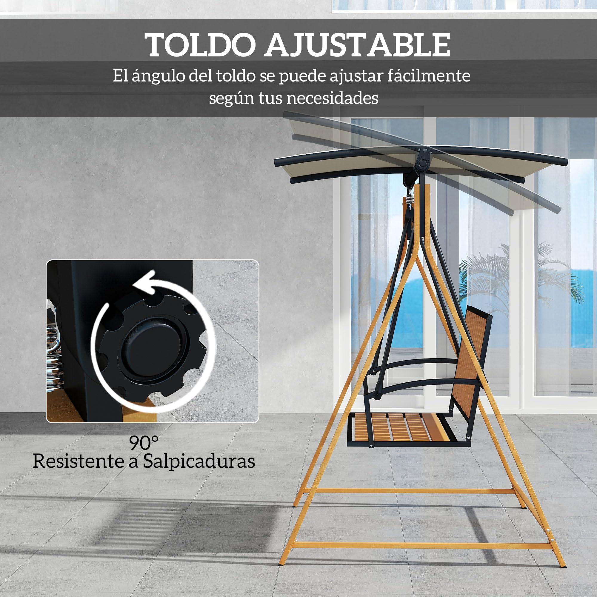 Outsunny Columpio de Jardín Exterior de 2 Plazas, Balancín de Jardín Exterior con Grano de Madera, Estructura de Metal y Toldo Regulable, Soporta 240 kg, 142x112x162 cm, Natural y Beige