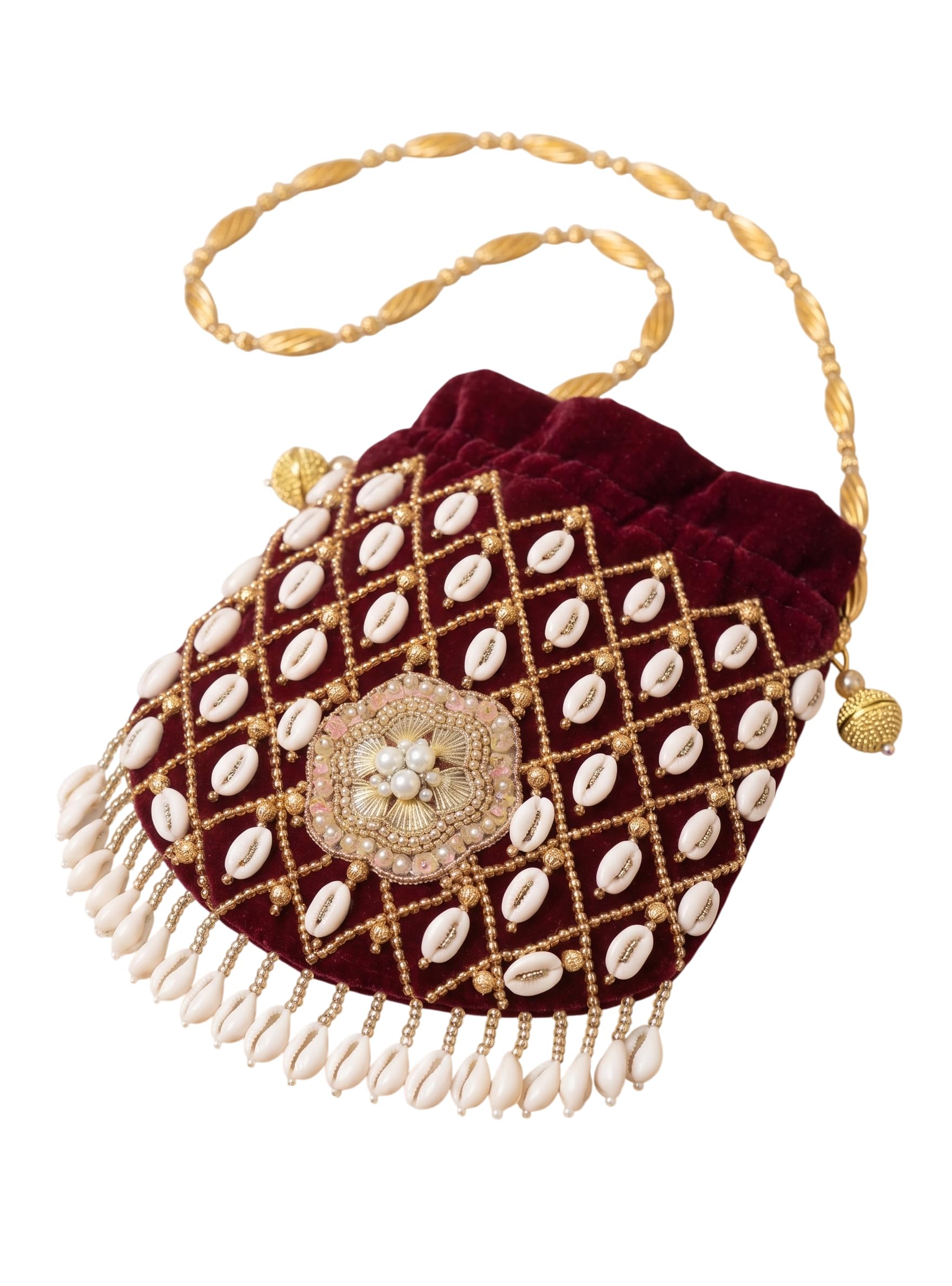 Maroon Velvet Potli Bag with Gold Beads and White Shell Work-image-9