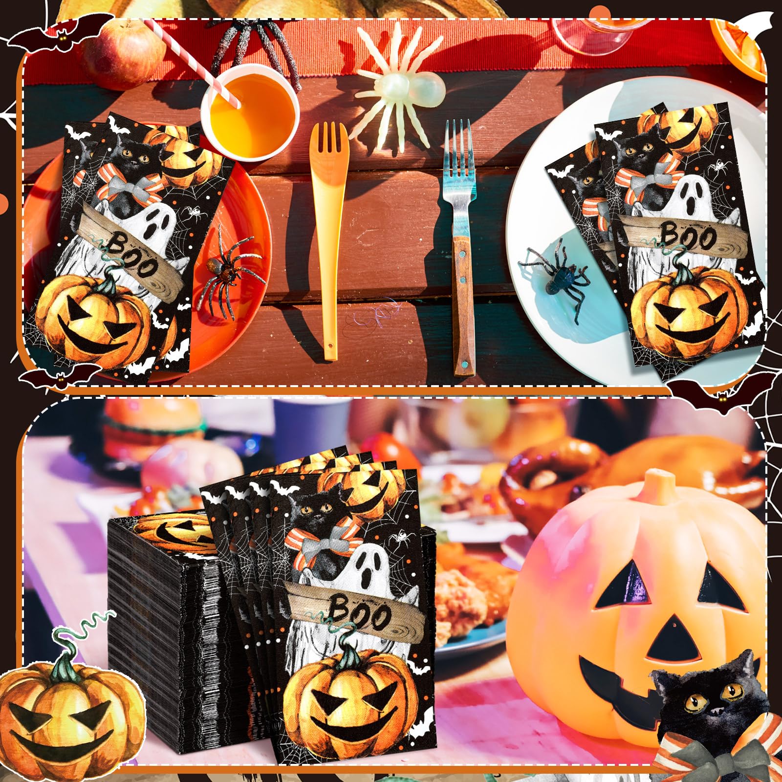 Sinmoe Lot de 200 serviettes jetables en papier pour invités d'Halloween pour salle de bain, serviettes en papier décoratives pour invités, récolte d'automne, Thanksgiving, dîner de salle de bain