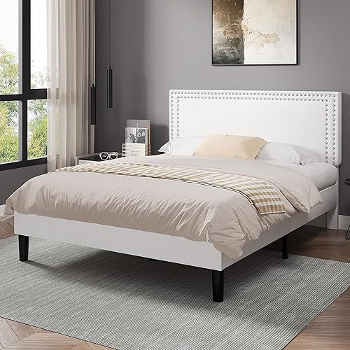 Queen Bed Frame with Rivet-Tufted Headboard & Footboard, Upholstered Platform