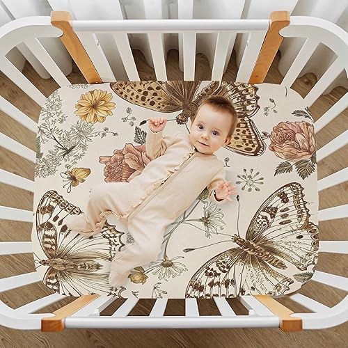 Miniatura 7 de Kigai Sábana bajera ajustable para cuna con diseño de flores y mariposas vintage para niños y niñas, para colchones estándar de cuna y juego,