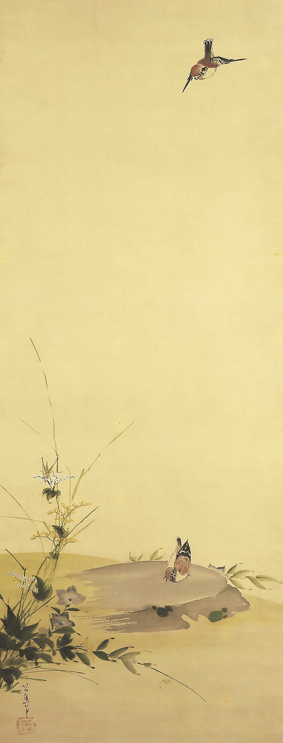 Lámina de Hokusai Sparrows & Autumn Grass con marco negro para tu salón zen