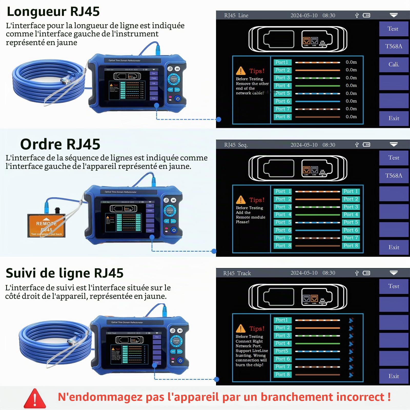 Testeur de fibre optique OTDR 16 en 1 1310/1550 nm, écran tactile de 11 cm et carte d'événement OLT (Optical Loss Test), testeur de fibre intégré VFL OPM LS/OLS/RJ45, fonctions RJ45, testeur
