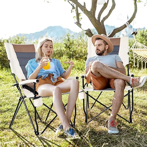 Miniatura 4 de HAPPYGRILL Silla de camping plegable con bolsa de transporte, silla de césped portátil con soporte para tazas, silla de exterior de 330 libras para