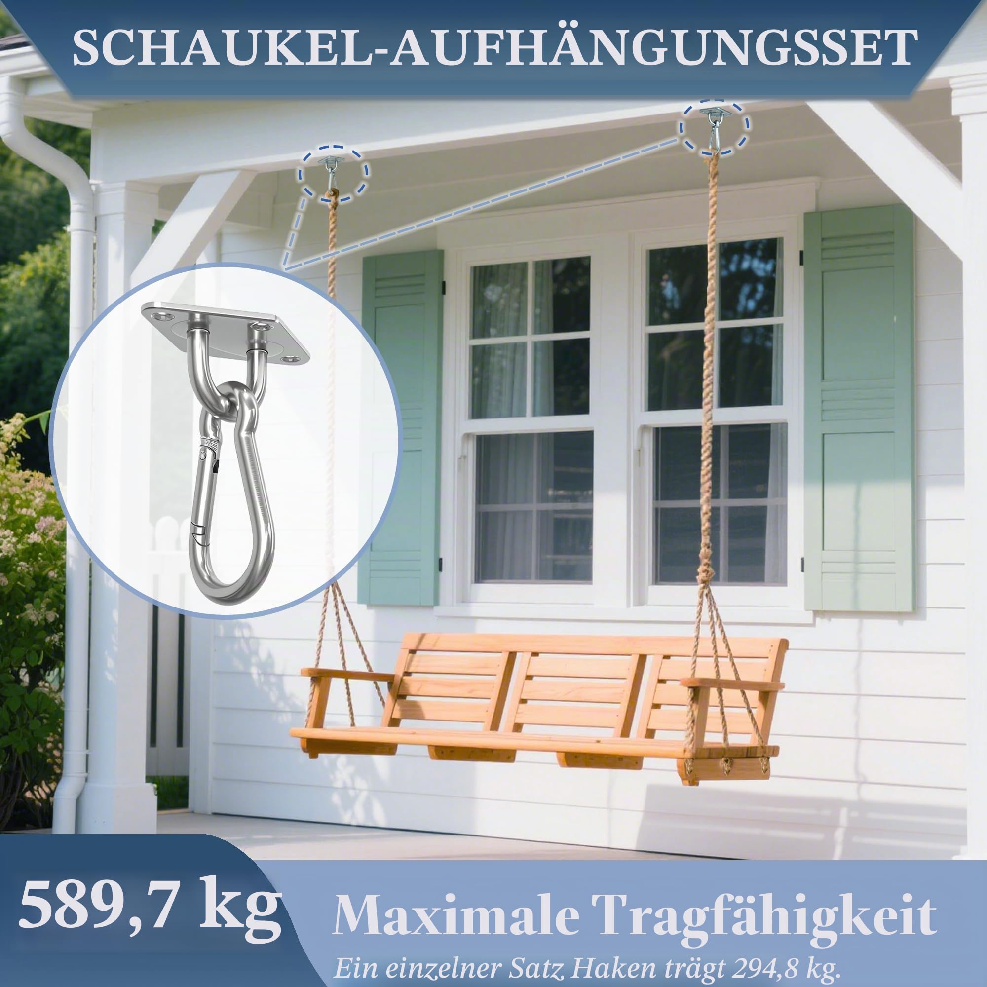 OHIYO 2 Stück Edelstahl Augplatte und Karabiner, Edelstahl Decksplatte Karabinerhaken, strapazierfähige Hängematte zum Aufhängen, 300kg Tragkraft für Schaukeln, Sonnensegel