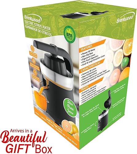 Miniatura 7 de Brentwood Potente exprimidor eléctrico de cítricos, naranja, limón, lima y pomelo, palanca ergonómica, 2 conos, piezas aptas para lavavajillas