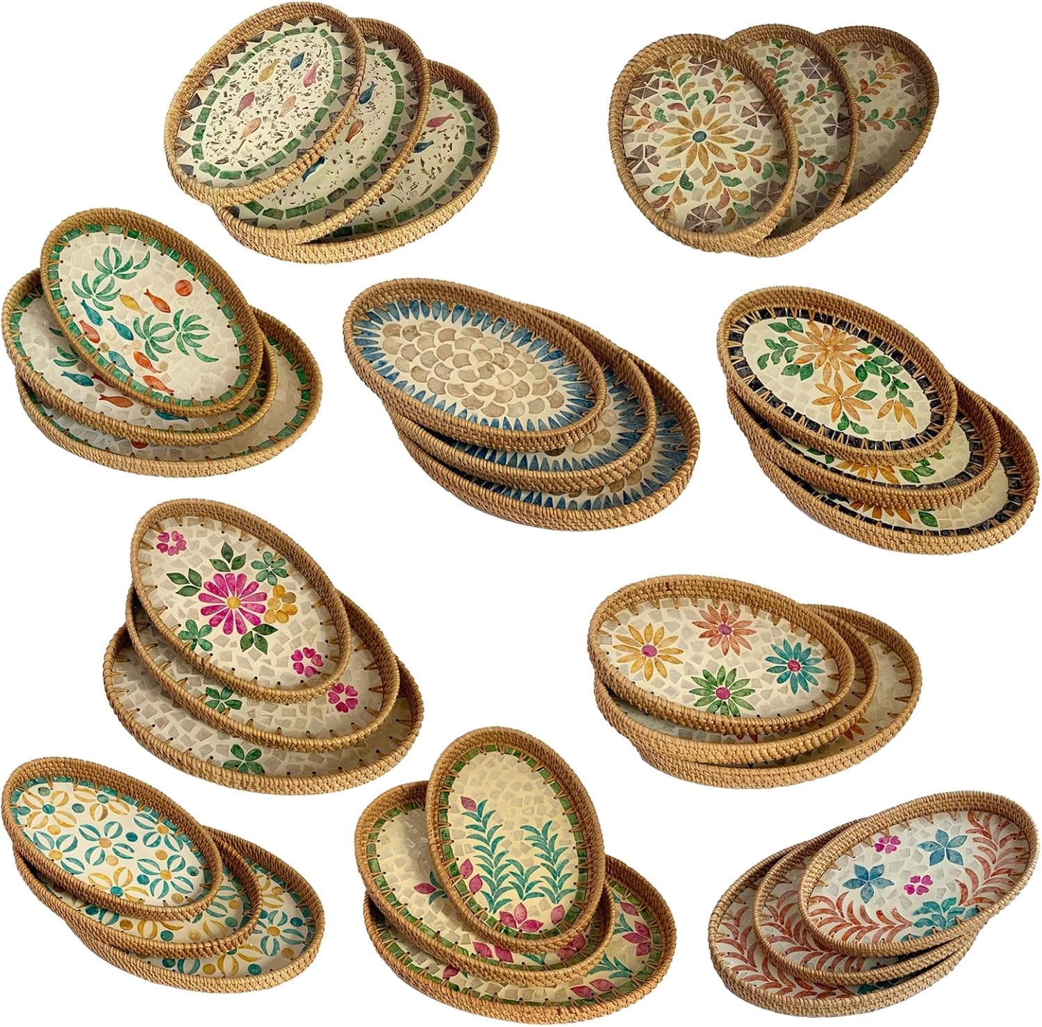 Set of 3 Rattan Serving Tray Handwoven Colorful Shell Oval Tray Desktop Decorative Basket Trays Snack Fruit Storage Tray for Dining, Coffee, Home Decor(Underwater World)