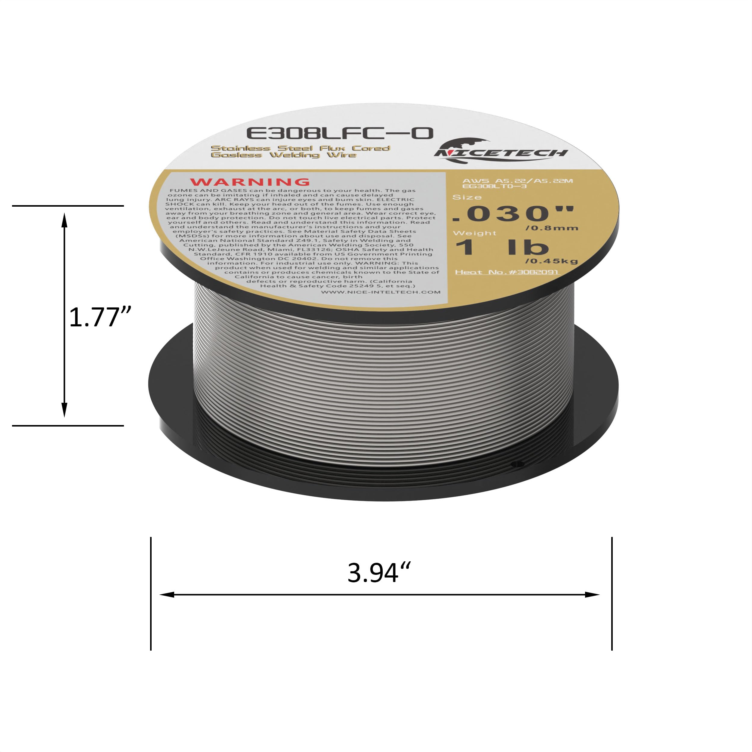 Alambre de soldadura con núcleo de fundente sin gas, acero inoxidable, E308LFC-O. (3, 30 pulgadas 1 libra)