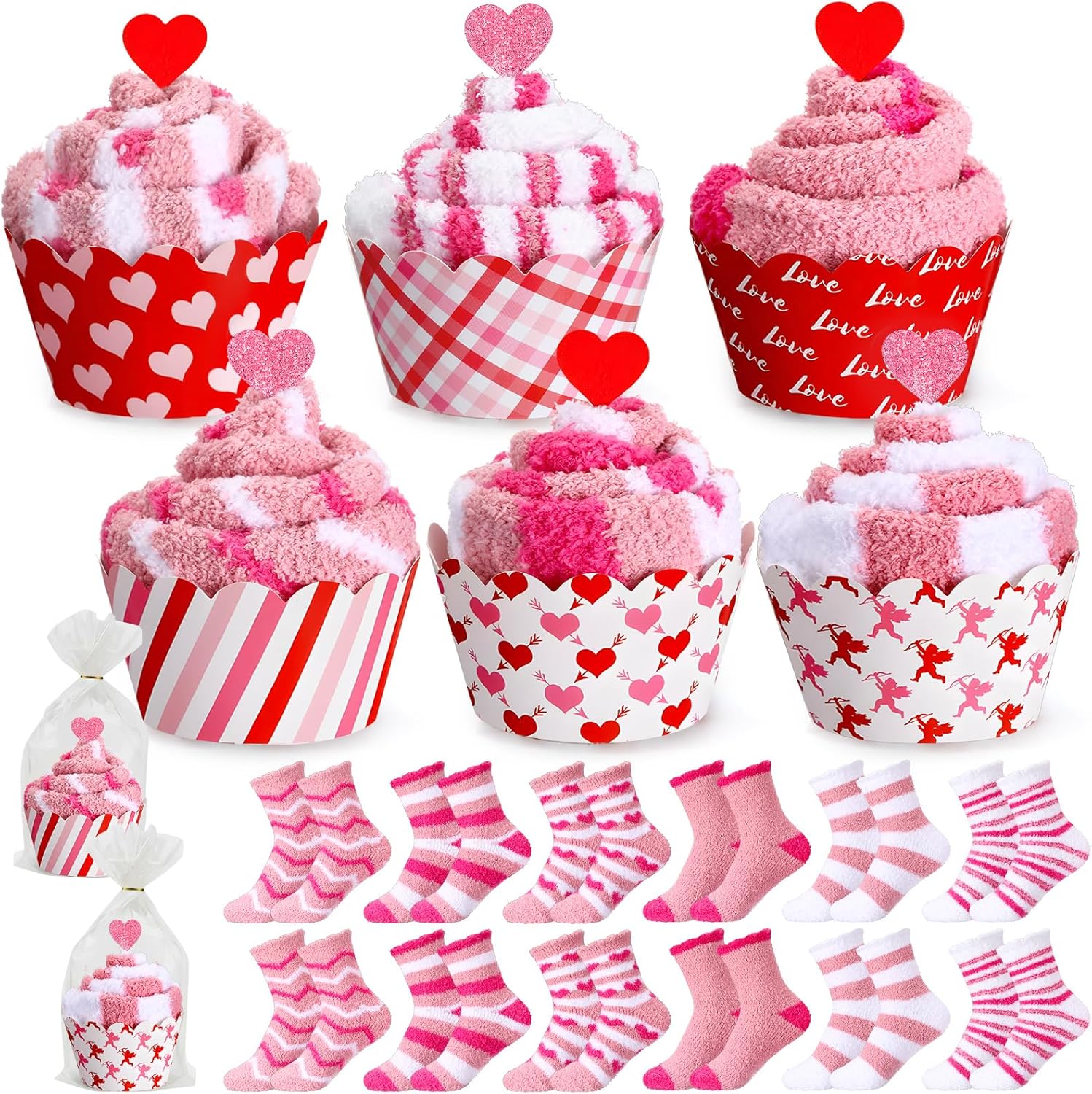 Coume 24 Pairs Valentine's Day Fuzzy Cupcake Socks Bulk for Women Heart Socks Fluffy Cozy DIY Red Pink Galentine's Day Gift