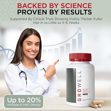GroWell Hair Growth Supplements for Men Clinically tested for visibly thicker hair and scalp coverage All natural ingredients, saw palmetto to block DHT Drug-free, Safe Doctor recommended
