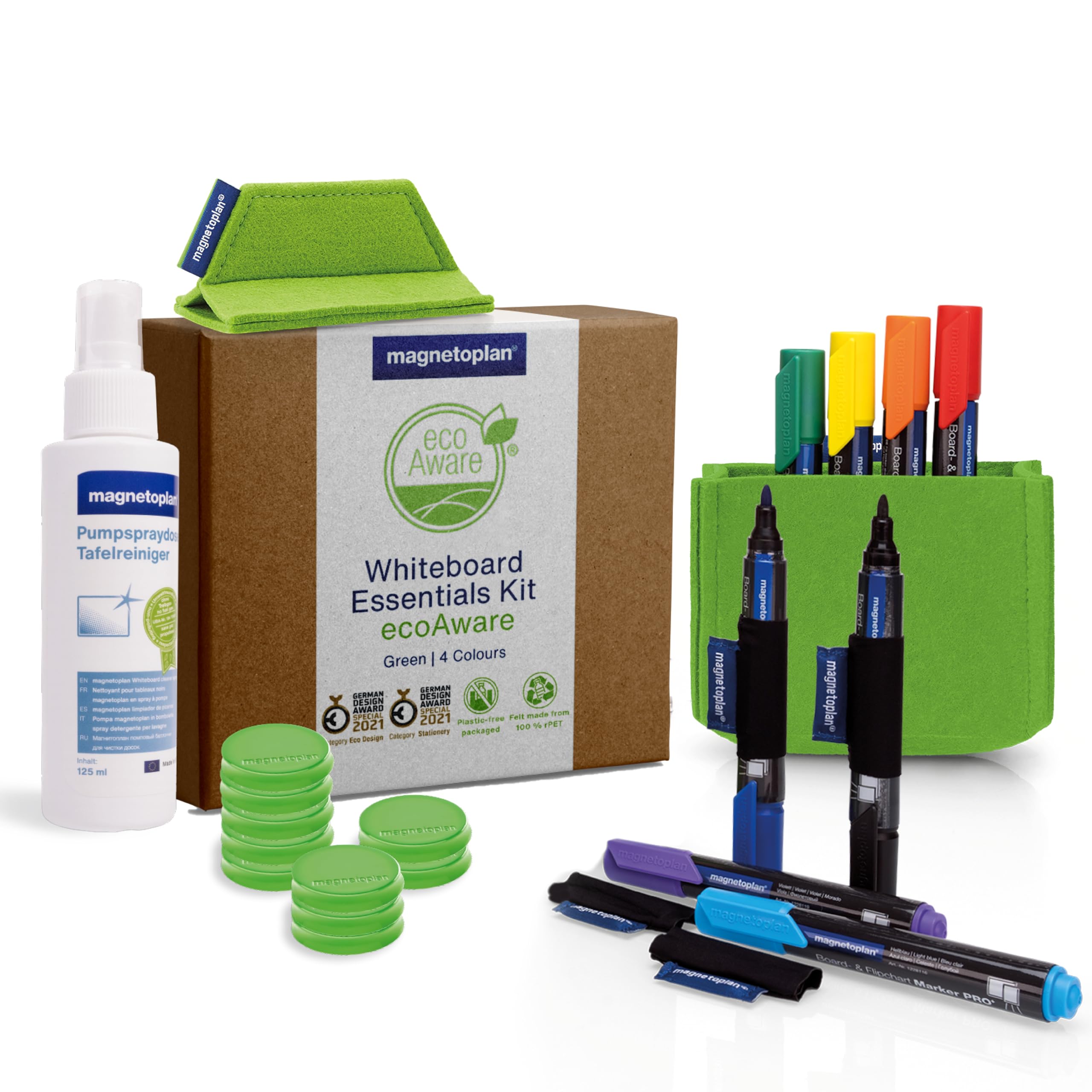 magnetoplan Tablica suchościeralna Essentials Kit | praktyczny kompletny zestaw do zwinnej pracy na tablicy suchościeralnej + flipchart | z markerami, magnetycznymi uchwytami na długopisy, pojemnikiem