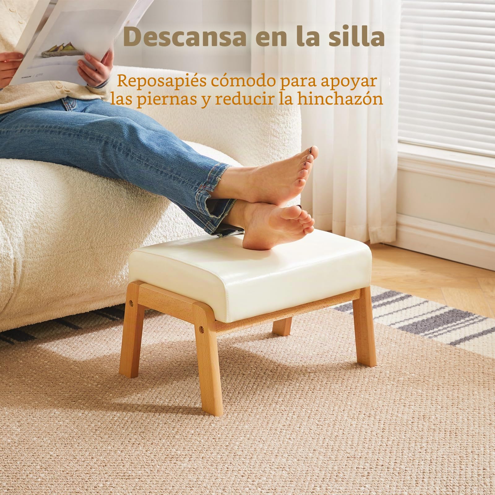 IBUYKE 10.2”H Pequeño Reposapiés Otomana, Rectángulo PU Cuero Reposapiés Taburete con Asiento Acolchado y Patas de Madera, Beige WBD013W