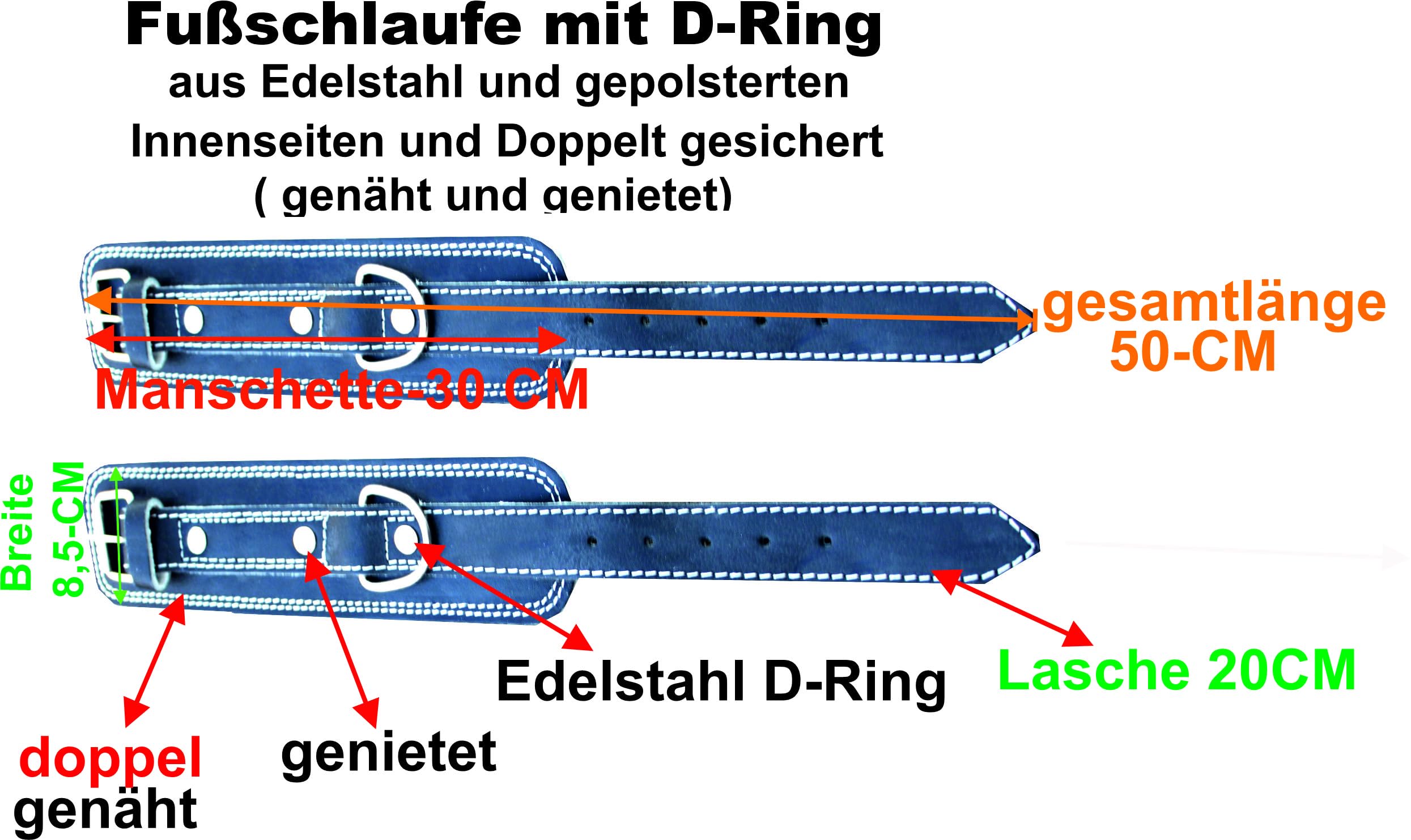 Lisaro Fußschlaufe aus-Leder, verstellbar, extra weich gepolstert, Hochwertige Spaltleder Fußschlaufe, Ideal für alle Kabel-Zugübungen und Hardcore. Lieferung Pro Paar