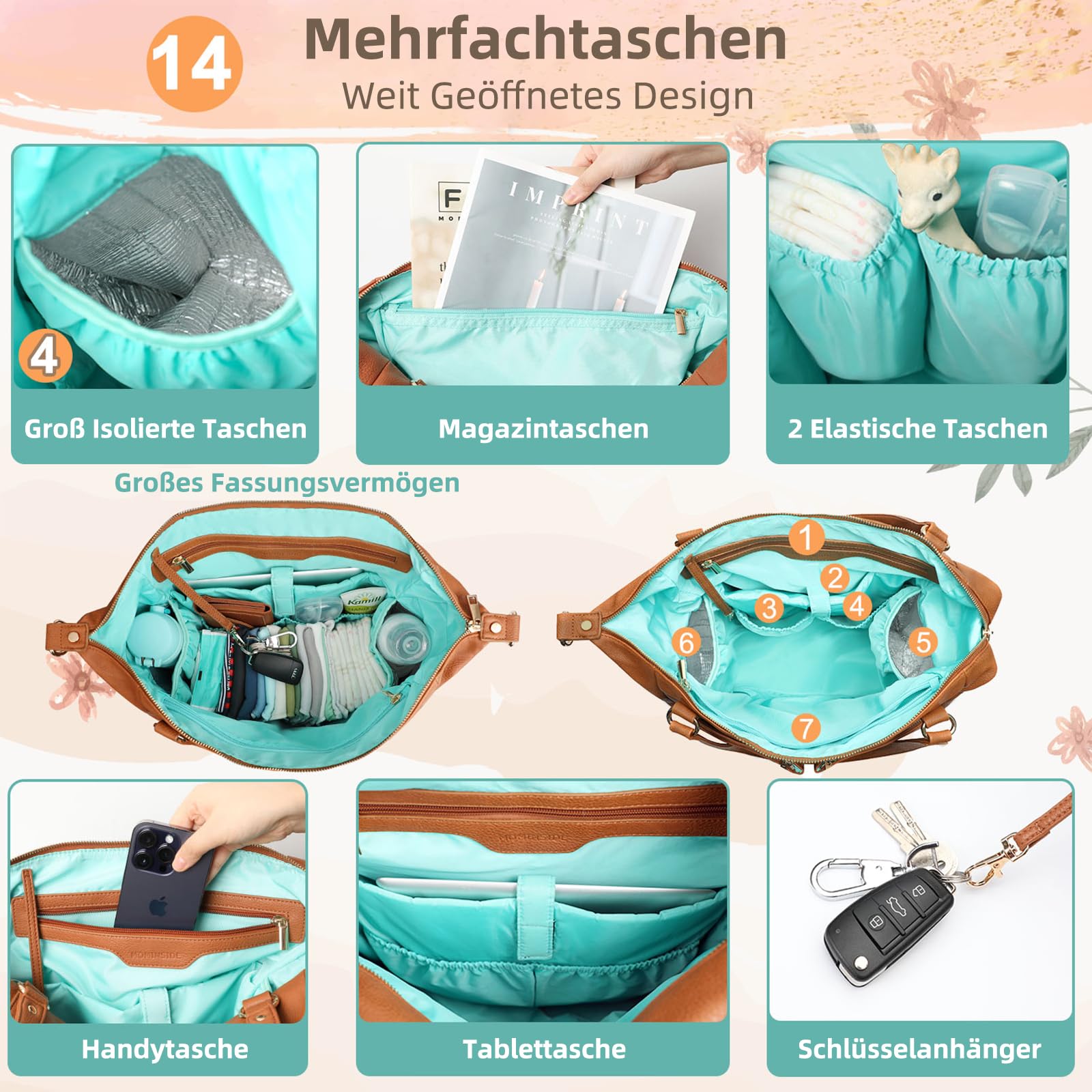MISS FONG Wickelrucksack Wickeltasche Leder, Baby Rucksack Wickelrucksack Große Kapazität Mit 13 Wickeltasche Organizer, Wickelunterlage für Mama & Papa Wasserdichter Rucksack-Braun