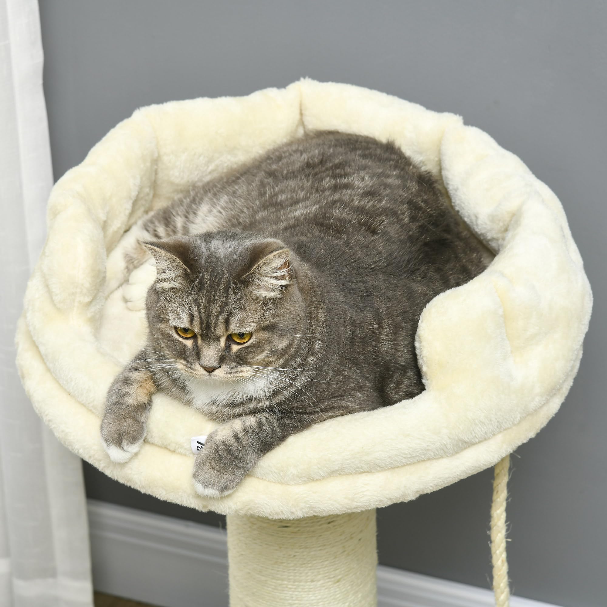 PawHut Árbol para Gatos de 83 cm, Torre para Gatos de Interior con Postes rascadores de sisal, Cama ampliada para Gatitos, Pelota y Juguete de Cuerda, Color Crema