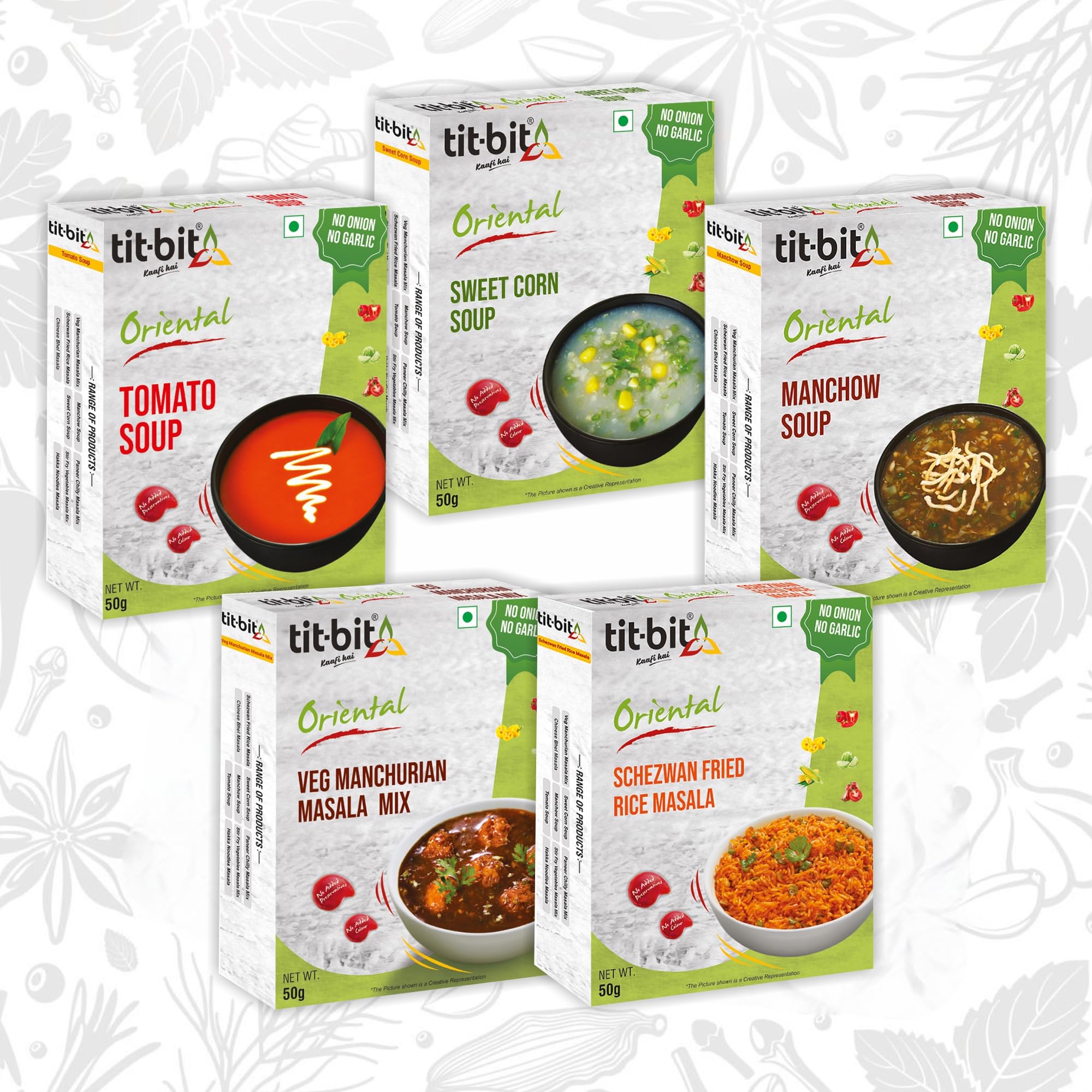 - Tit-Bit Oriental - No Onion No Garlic Veg Manchurian Masala, Schezwan Fried Rice Masala, Tomato, Sweet Corn & Manchow Soup - Quick & Easy to Make - Pack of 5 (250g)