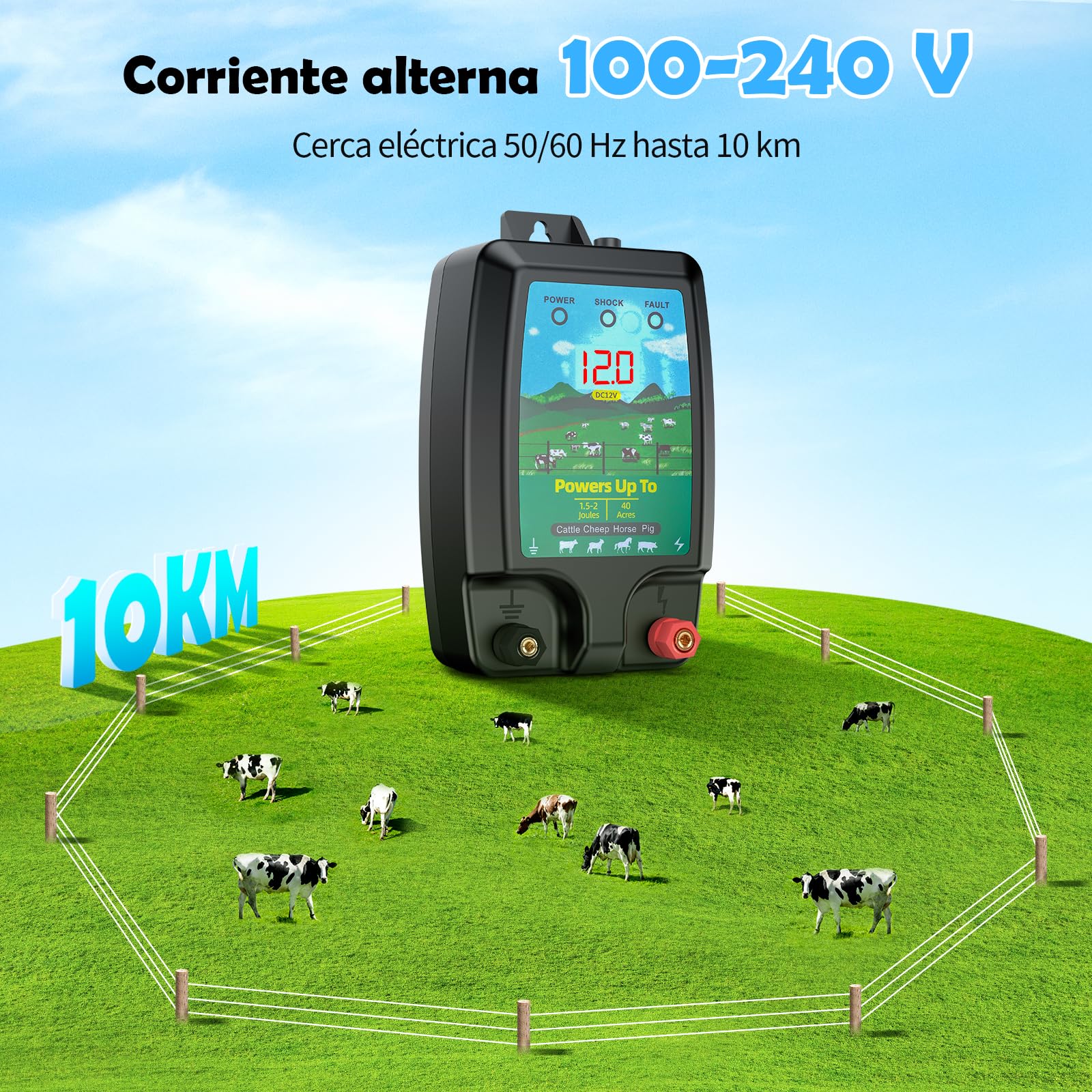 Valla eléctrica para mascotas 10KM, Potente 2J electrificador Valla eléctrica con pantalla LCD, alta potencia impermeable cerca eléctrica para protección de animales