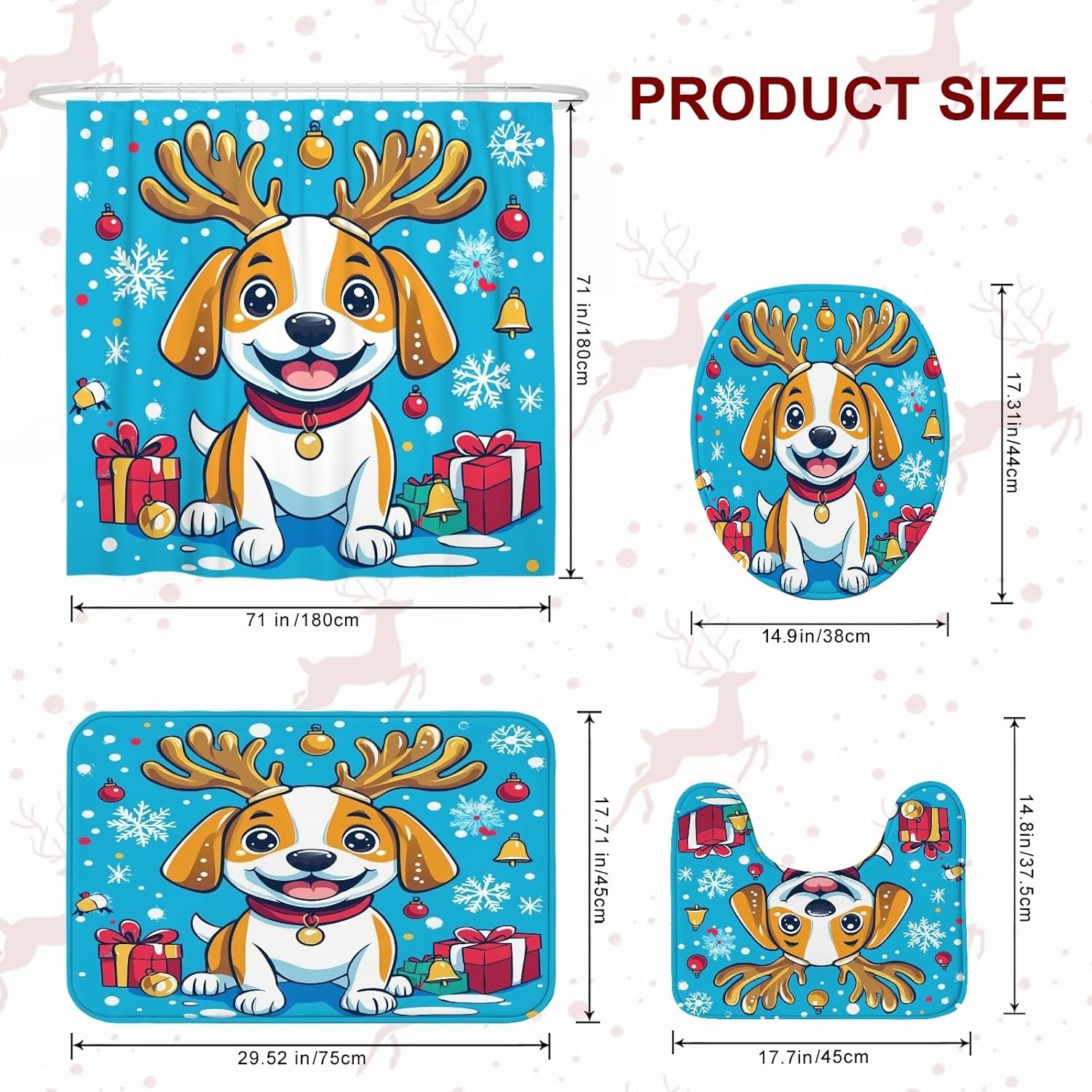 4PCS Winter Christmas Beagle Dog Bathroom Accessory Sets with Non-Slip Rug, U Shape and Toilet Lid Cover Mat, Cute Kid Xmas Puppy Bathroom Decorative-72''x72''