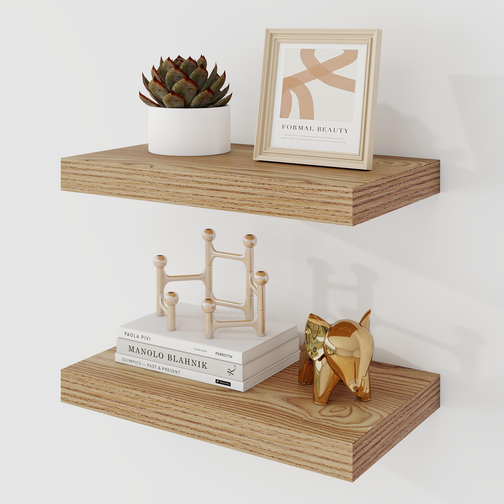 Acovy 16 Inch Floating Shelves, 9.3" Deep Floating Shelf Wall Mounted, 16" Wall Shelves, Rustic Deep Bookshelf, Large Display Shelves & Storage Shelves for Bedroom, Living Room, Light Brown, Set of 2 โ image 1