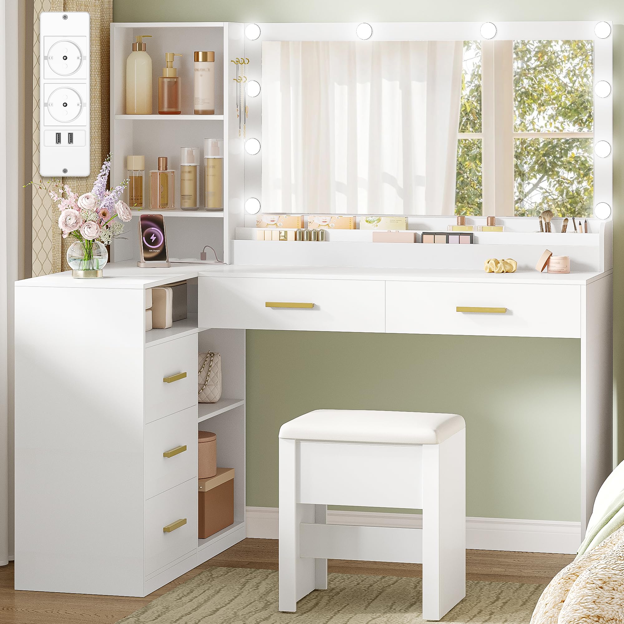 HEXCELEN Tocador de Maquillaje con Espejo LED, Brillo Ajustable, Mesa de Maquillaje con Toma de Corriente, Tocador con Taburete, 5 Cajones, Estantes de Almacenamiento, 40 × 120 × 139 cm, Blanco