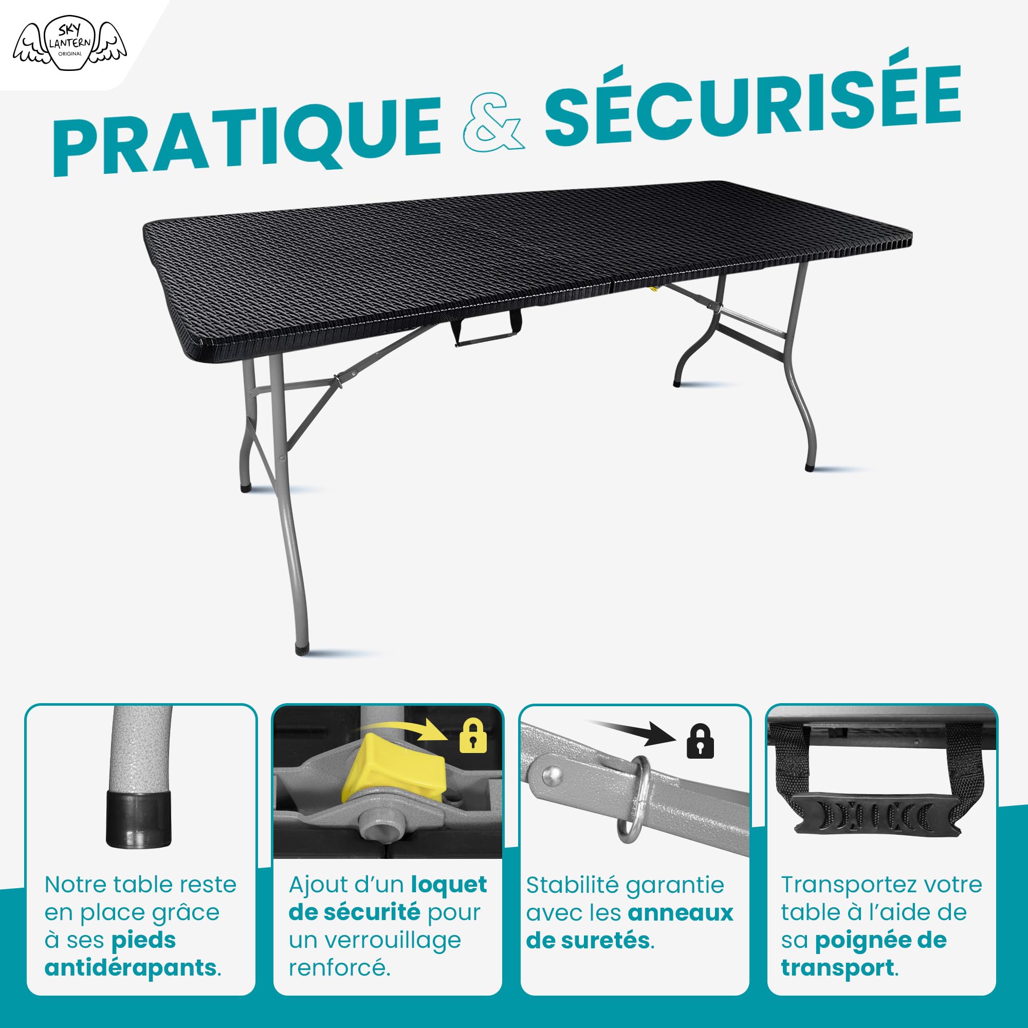 Table Pliante Rectangulaire 180 cm 6/8 Personnes HDPE 3,5 cm Pied Acier Jardin Camping