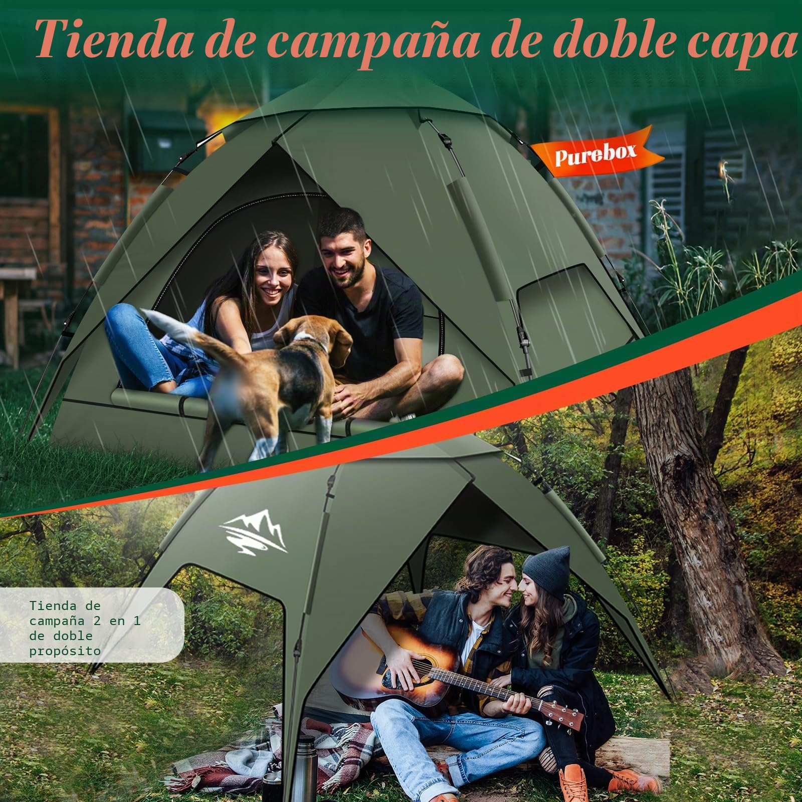 Tienda de Campaña 2-3 Personas Automática, Tienda de Cúpula de Doble Capa Portátil, Tienda de Campaña Grande para 3 Estaciones para Trekking, Familias, Camping