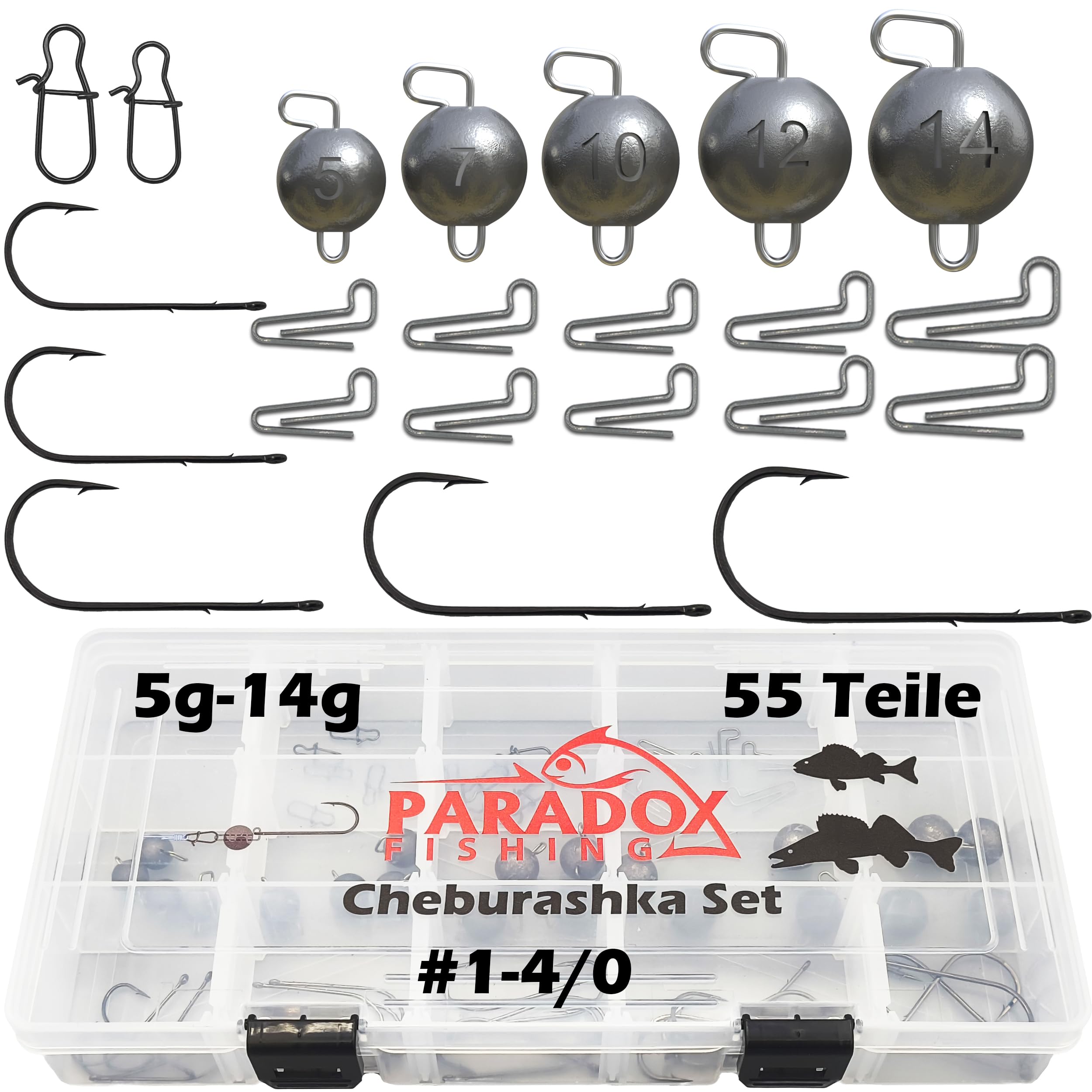Paradox Fishing Cheburashka Zestaw ołowiowych ołowiu (3 g/5 g/7 g/10 g/12 g/14) z pudełkiem na haczyki offsetowe - Drop Shot ołowiane głowice Dropshot