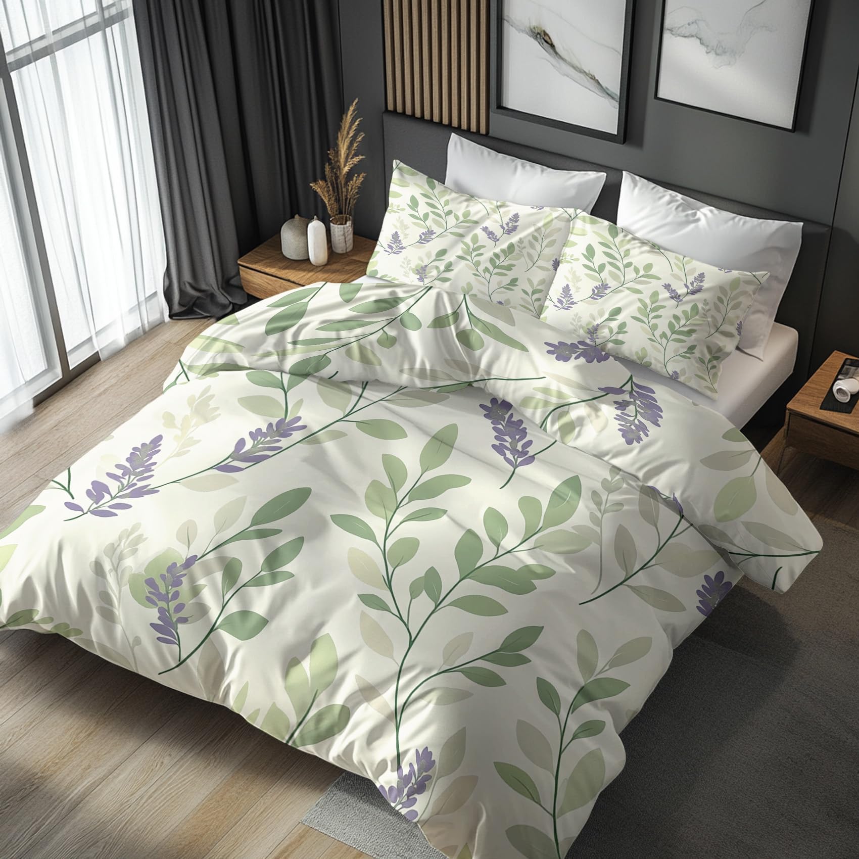 Nogawa Green Purple Green Leaf Bedding Emperor Size - Lavender Duvet Cover, Reversible Quilt Cover & 2 Pillowcases With Zip And Ties, Ultra Soft And Breathable Brushed Microfibre Bed Set