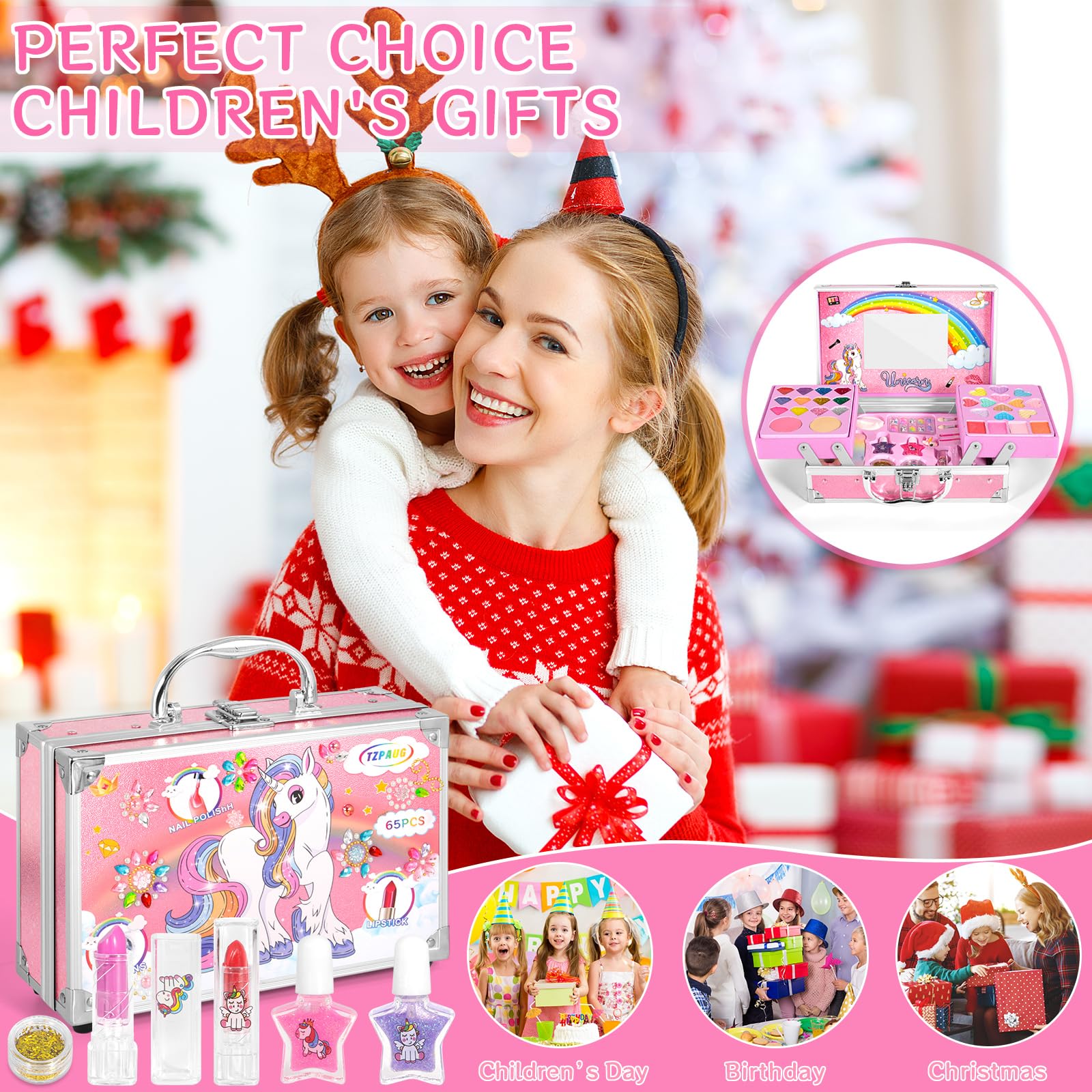 Set Trucchi per Bambine, 65 Pezzi Lavabile, Valigetta Trucchi, Giochi Natale Halloween Compleanno Regalo 5-12 Anni