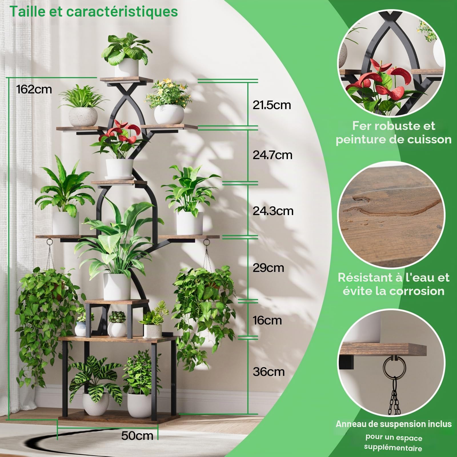 BACEKOLL Étagère à fleurs avec lumière de croissance - Support de fleurs à 9 niveaux - 162 cm - En métal et bois - Pour l'intérieur et l'extérieur - Noir - Pour l'intérieur, le jardin, le balcon