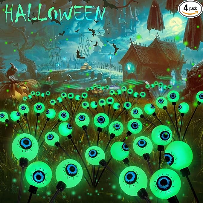 4 Pack Solar Eyeball Lights for Halloween Decorations Outdoor, 24 LED Green Eyeball Solar Halloween Lights, Waterproof Swaying Firefly Lights with 2 Modes for Pathway Patio Yard Lawn Garden Decor