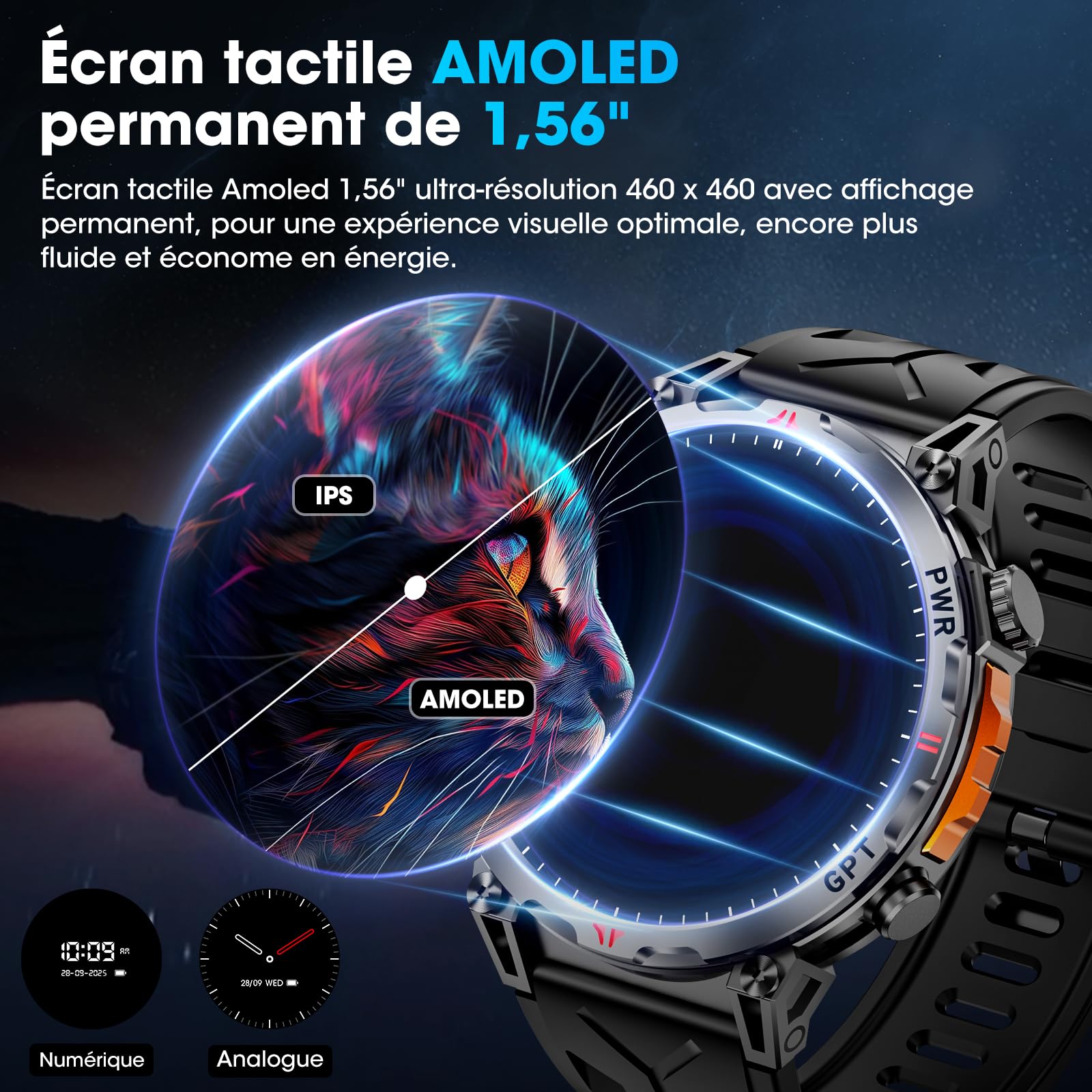 Montre Connectée Homme Militaire 1,56", avec GPS / AI Cadran / Vocal GPT | Boussole/Appel Bluetooth/Détection Pression de Fréquence Cardiaque, Compatible avec Android et iOS, 100 + Modes Sportifs GPS