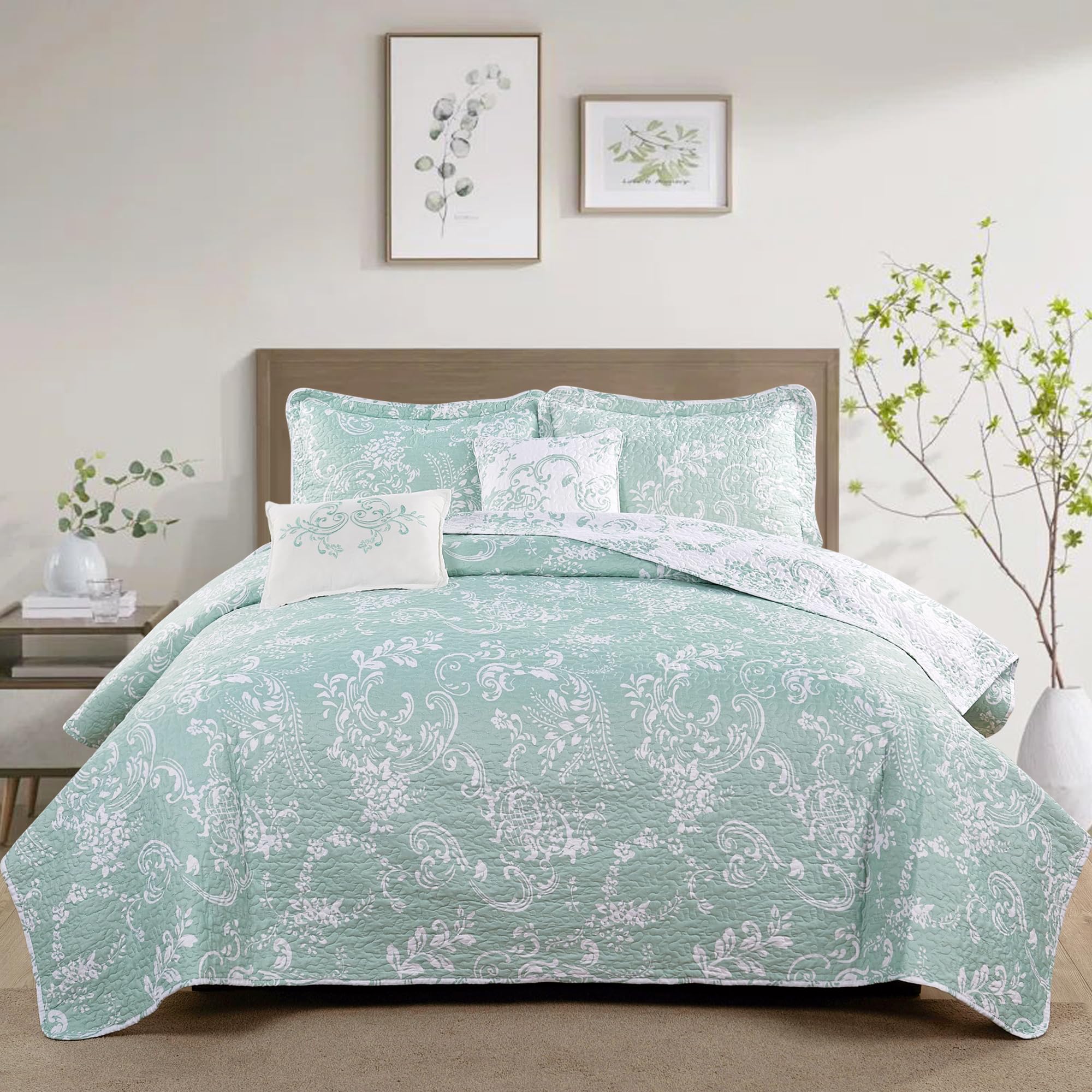 5 Piece LA Boheme Quilted Printed Bed Spread, King Coverlet: 102" x 90", Teal Turquoise