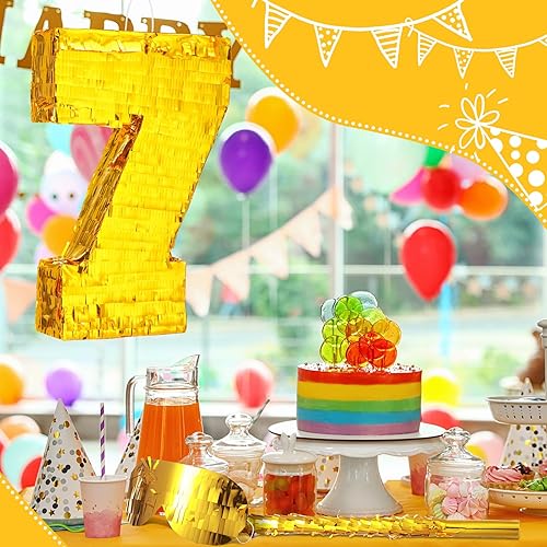 Miniatura 6 de Sratte Piñata con número, decoración de piñata de cumpleaños, piñata de lámina dorada con palo, confeti para niños y niñas, decoraciones de fiesta