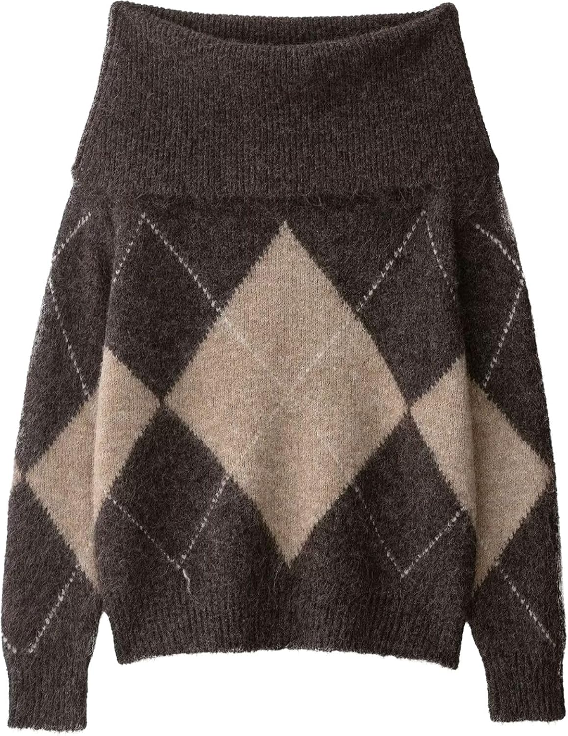 Chevara Women’s Off The Shoulder Knit Sweater Trendy Argyle Long Sleeve Loose Pullover Sweater Tops
