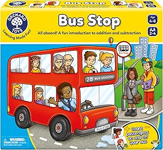 ORCHARD TOYS Moose Games Bus Stop Game. A Fun Introduction to Addition and Subtraction. Pick up and Drop Off Passengers on Your Bus. for Ages 4-8 and for 2-4 Players