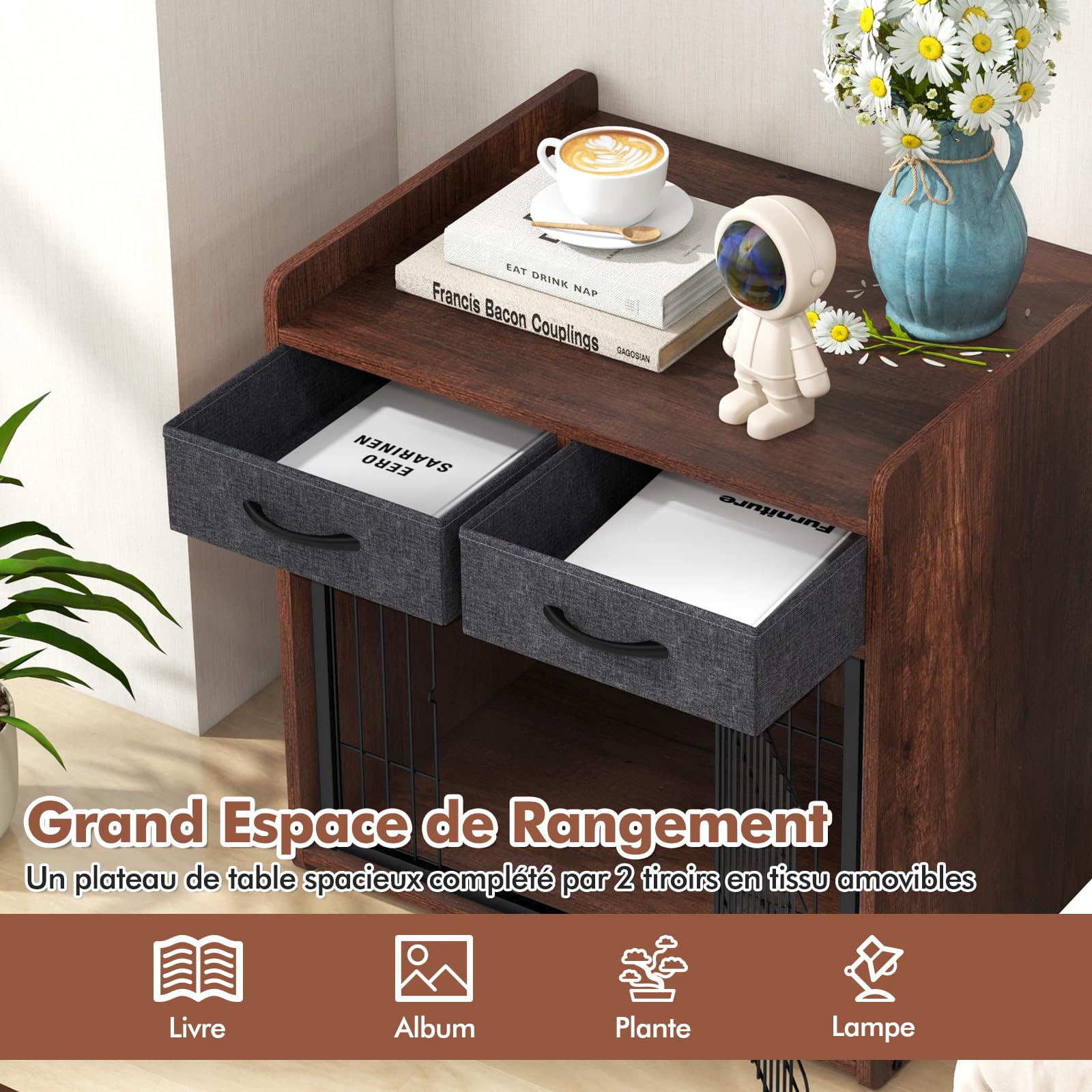 GYMAX Cage Chien Intérieur avec Rangement, Niche pour Animaux, avec 2 Tiroirs Amovibles, Porte Verrouillable, Repose-Pieds Réglables, Meuble Style Industriel, pour Animaux de Petite et Moyenne Taille