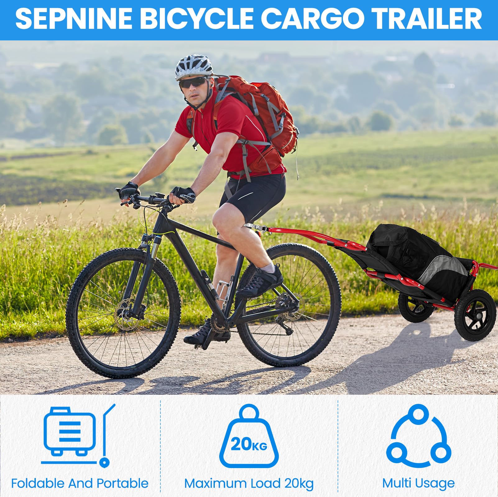 SEPNINE® Rimorchio per carico bicicletta 2 in 1, carrello per la spesa, carrello a mano, telaio in acciaio legato, leggero pieghevole con pneumatici da 30 cm, peso di carico 20 kg