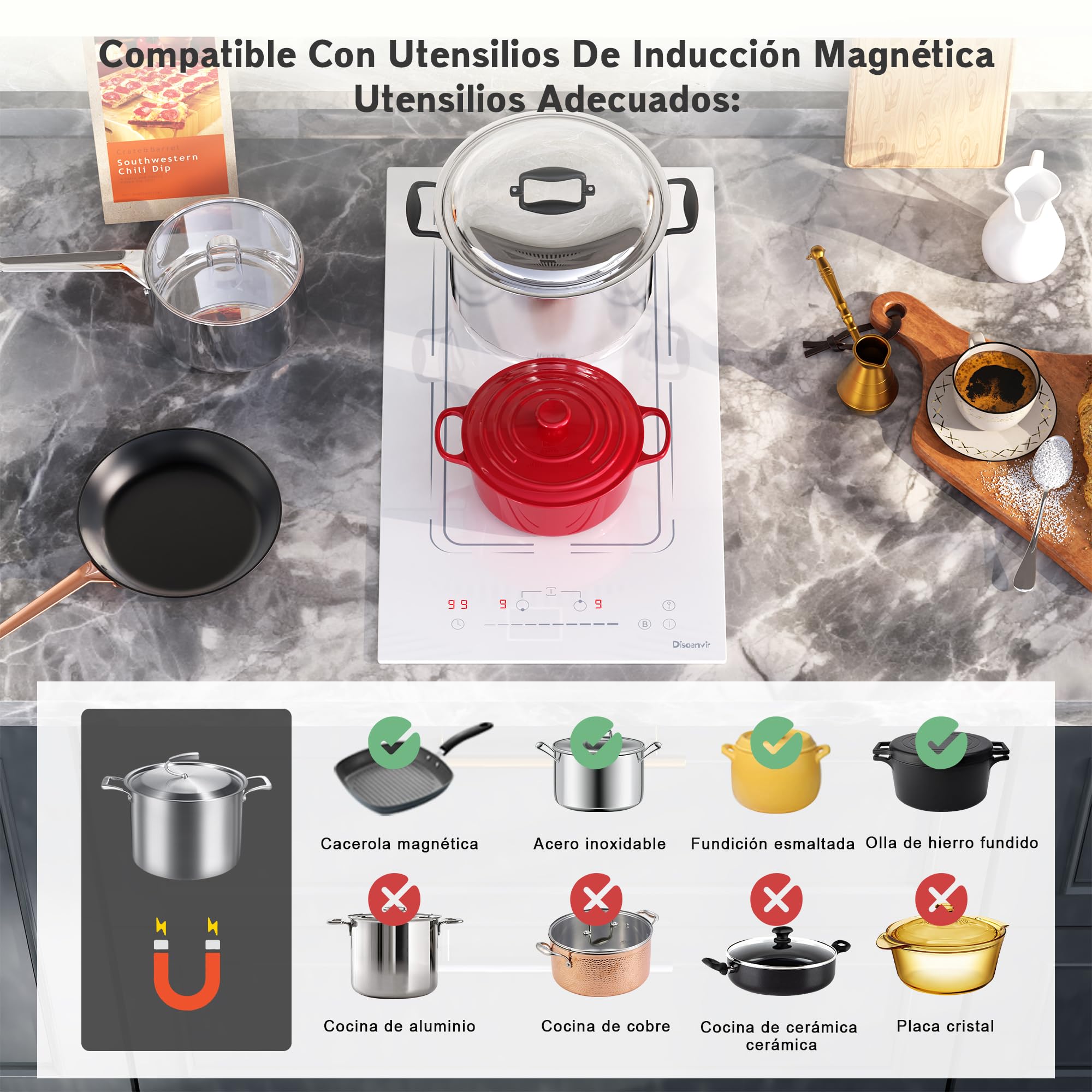 Placa inducción Disaenvir de 2 Fuegos Empotrable, Blanco, 30 cm, 3500 W, enchufe de 220 V, 9 Niveles de Potencia, Función Boost, Temporizador y Protección Antitoque, Flexible
